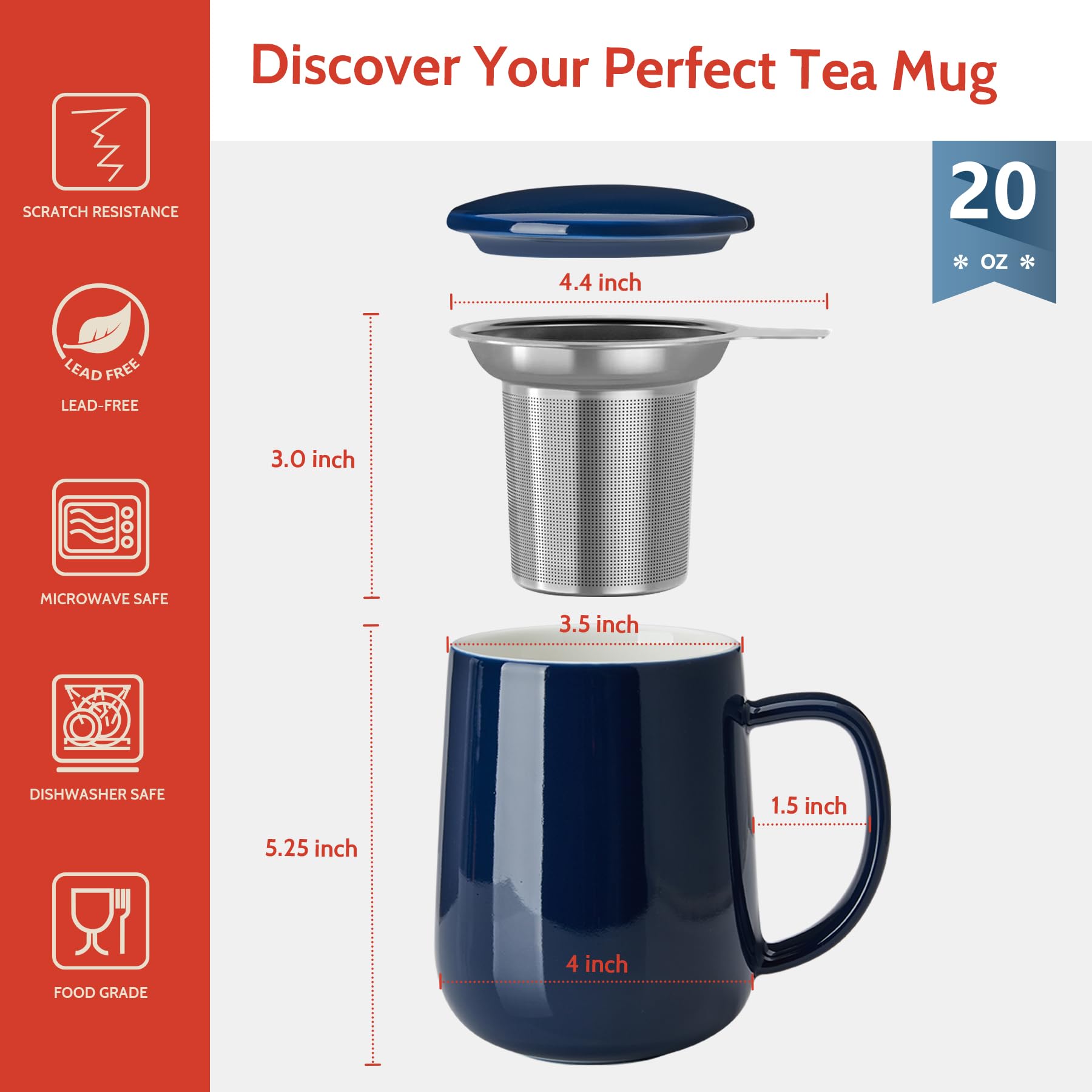 Sweese 20oz Porcelain Tea Cup with Infuser & Lid - Large Loose Leaf Tea Mug, Microwave & Dishwasher Safe, Insulated Modern Design - Perfect for Home, Office, Tea Parties & Relaxation