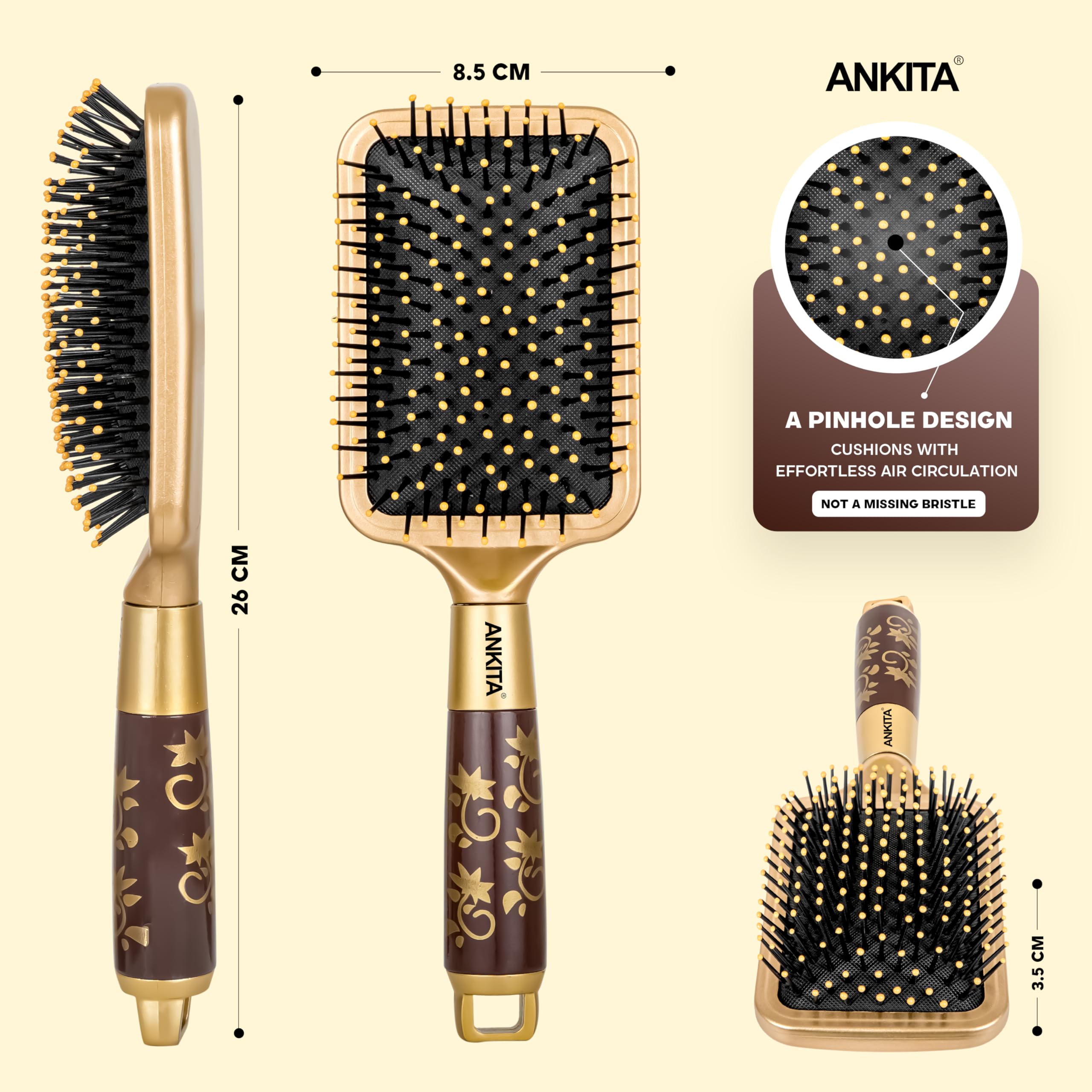 Ankita Golden Paddle Hair Brush with Nylon Bristles - Strong & Flexible Soft Bristles for Grooming, Straightening, Smoothing & Detangling Hair - Ideal for Men & Women (A5) - Perfect for Daily Hair Care, Styling & Salon Use at Home
