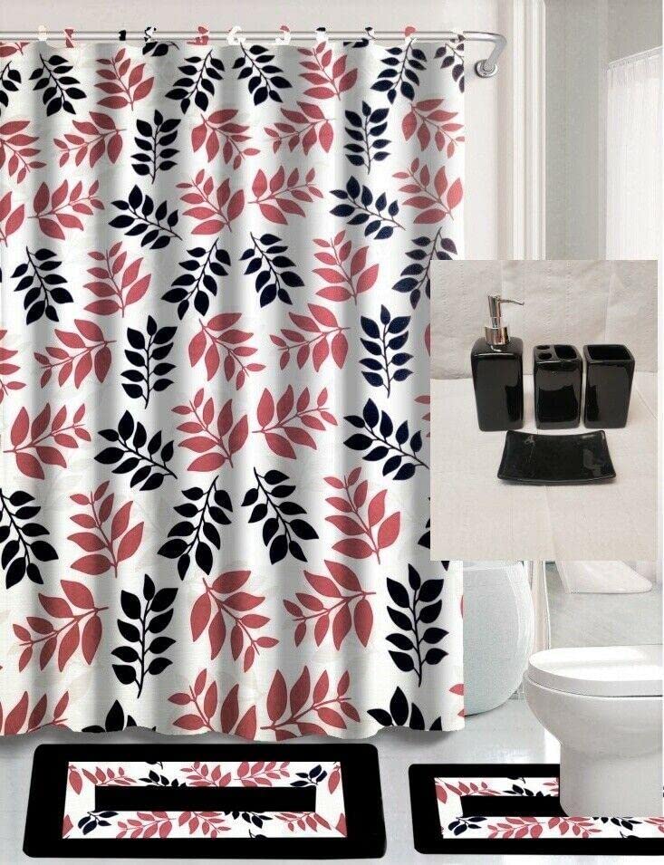19-Piece Complete Bathroom Set - Printed Shower Curtain, Non-Slip Mats & Ceramic Accessories | Home Decor Essentials for Vanity & Storage | Perfect for Master Bath, Guest Bath & Apartment Restrooms