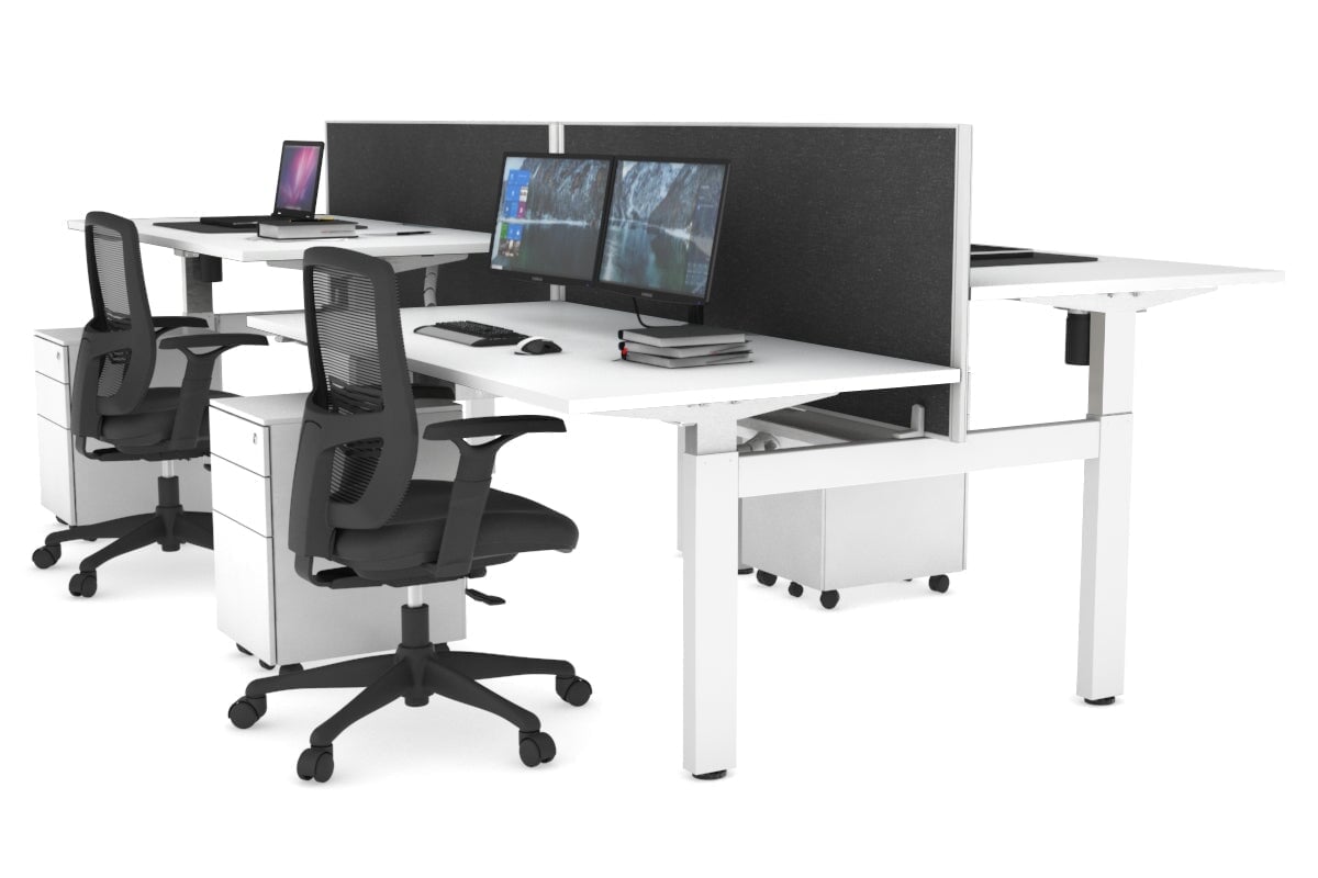 Adjustable 4-Person H Bench Workstation - White Frame (1400L x 800W) | Ergonomic Office Desk for Team Collaboration & Workspace Efficiency