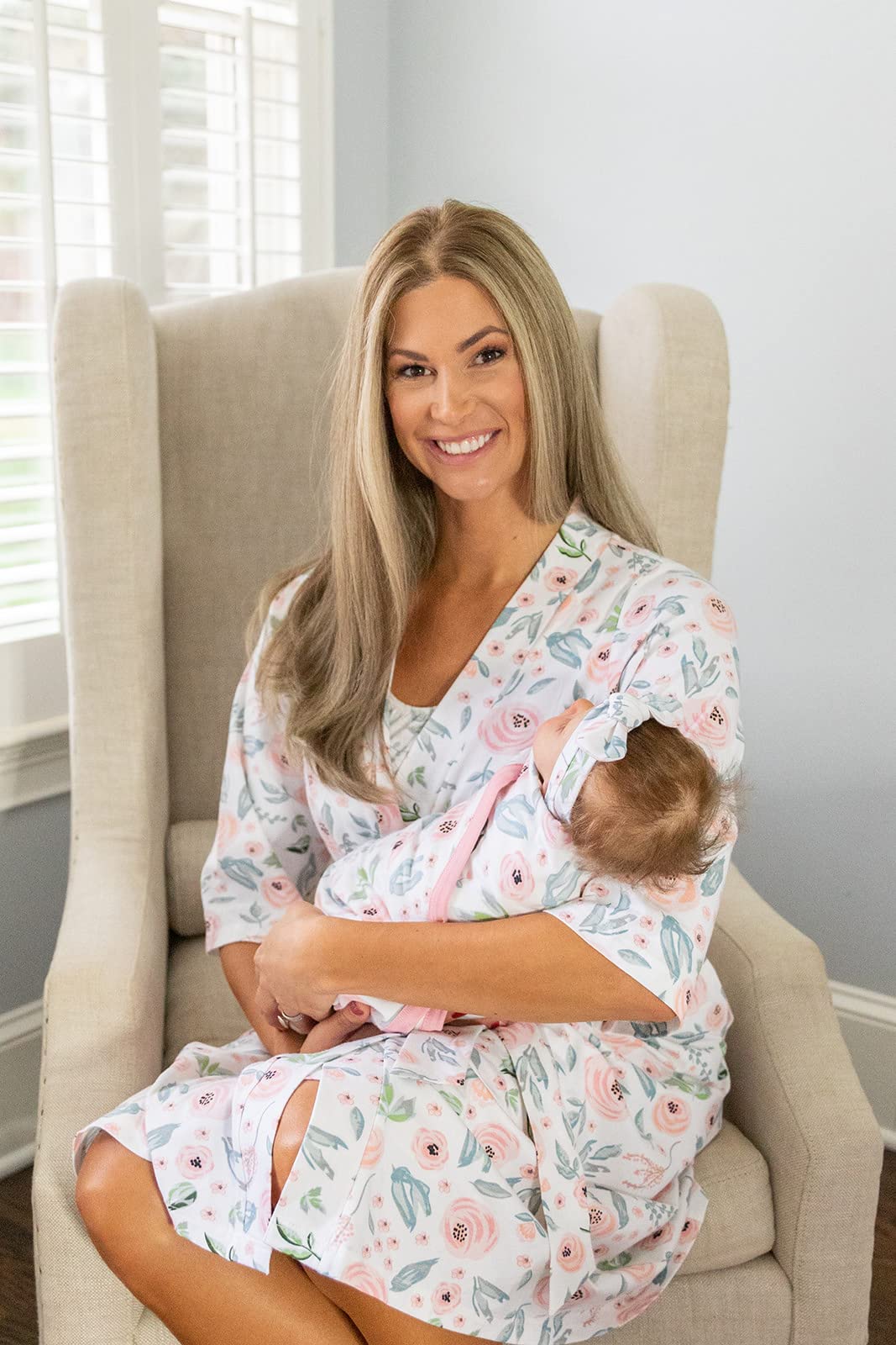 Baby Be Mine Maternity Nursing Robe & Swaddle Blanket Set with Daddy T-Shirt - Soft Delivery Gown for New Moms & Newborn Baby Girl (Small/Medium Robe, Large T-Shirt, Ivy Green) - Perfect for Hospital Birth, Breastfeeding & Family Photo Shoots