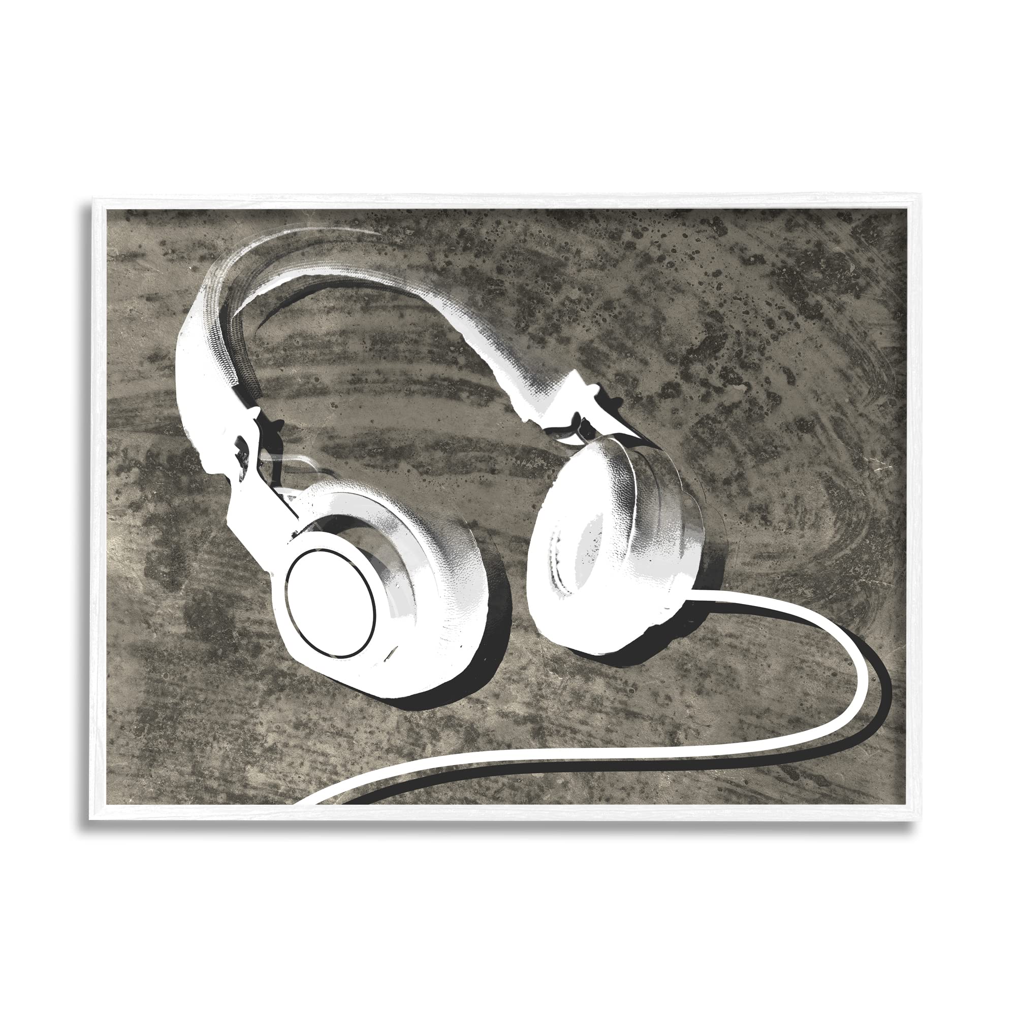 Stupell Industries Music Headphones Wall Art - Brown Rustic Wood Grain Design by Daphne Polselli, White Framed Canvas Print 30