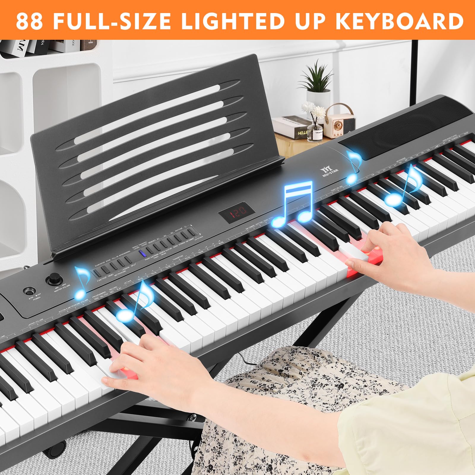 **MUSTAR 88-Key Semi-Weighted Digital Piano for Beginners – Full-Size Electric Keyboard with Stand, Built-In Speakers & Sustain Pedal (Gray-Light Up) – Perfect for Home Practice, Studio Recording & Live Performances**