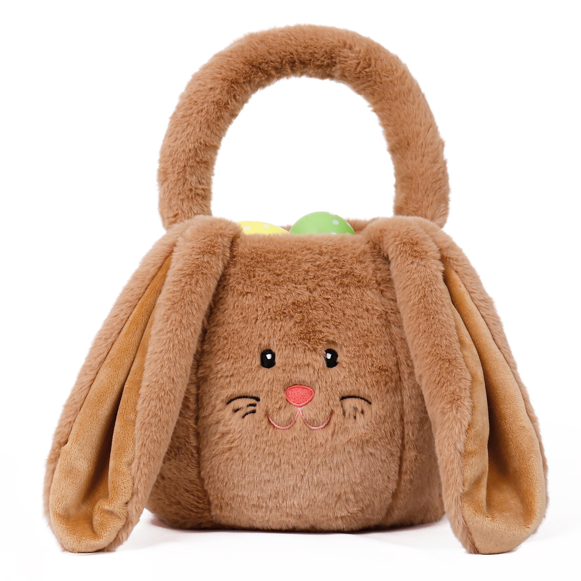 Soft Plush Easter Basket for Kids - Bunny Themed Easter Bucket with Long Ears for Boys & Girls, Easter Tote Bag for Decorations, Gifts & Storage (Brown) - Perfect for Easter Egg Hunts, Party Favors & Spring Decor