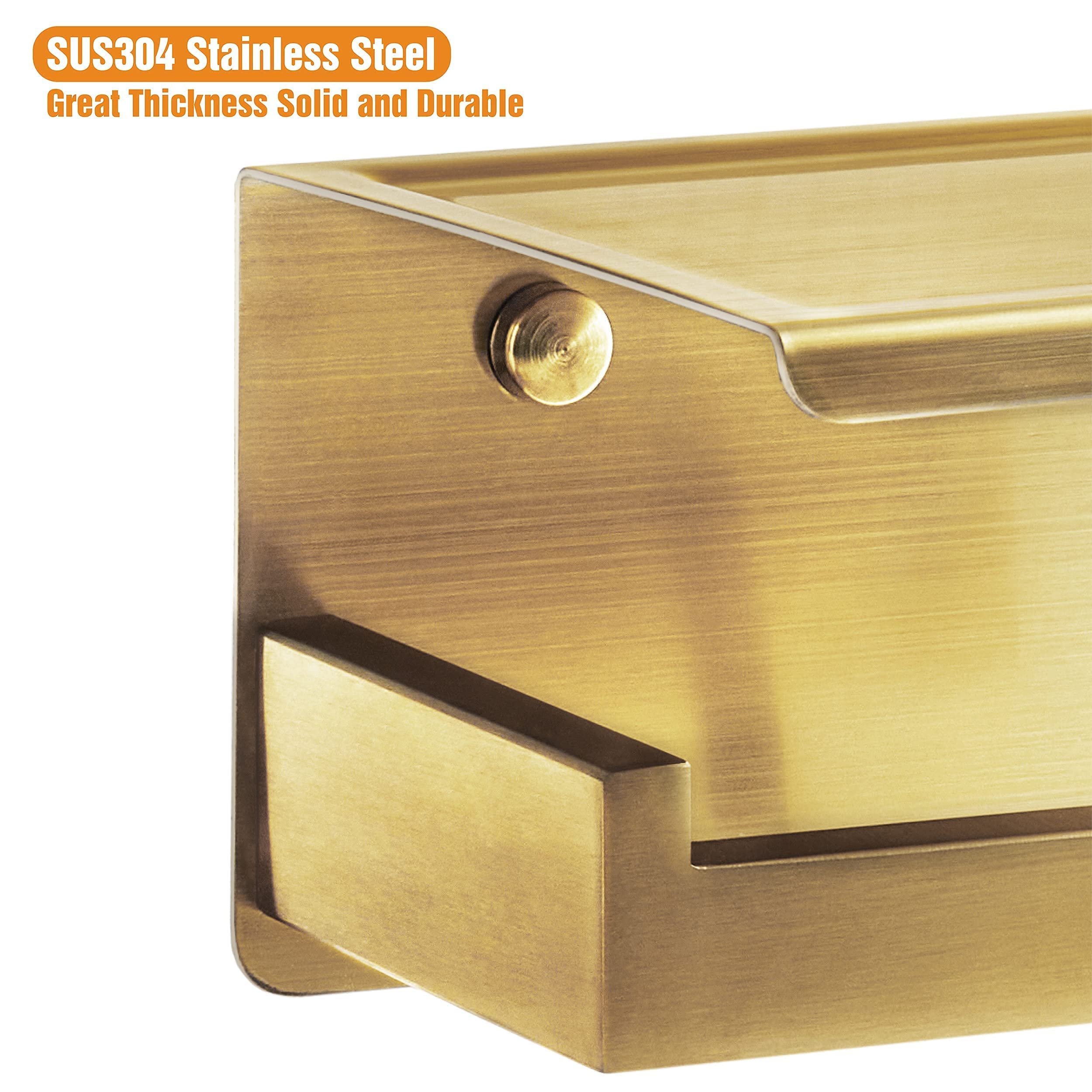 HITSLAM Gold Toilet Paper Holder - Brushed Brass Adhesive Wall-Mounted Bathroom Tissue Holder with Shelf - No Drilling Required, Easy Installation for Small Bathrooms, Apartments and RVs