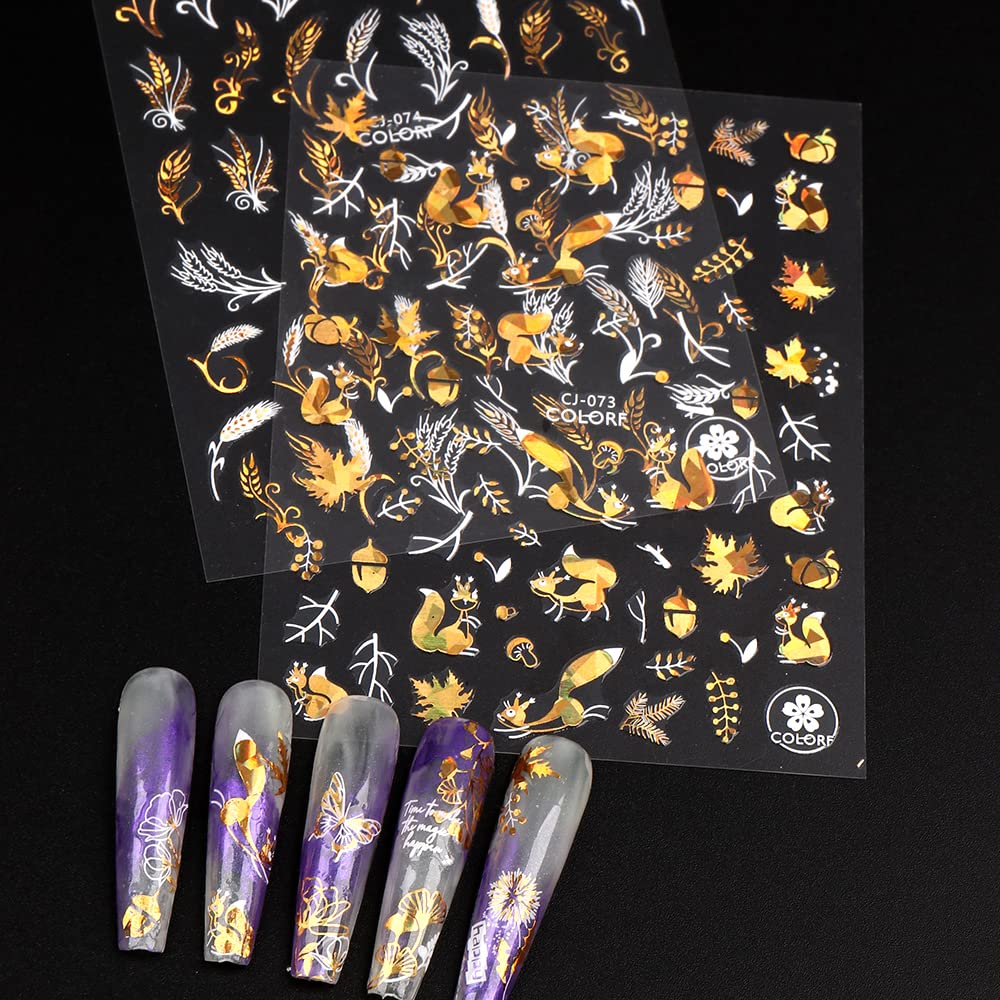 Autumn Leaves Nail Decals - Gold Maple Leaf Nail Art Stickers, 3D Self-Adhesive Fall Nail Stickers for Women DIY Nail Art, 9 Sheets/Set - Perfect for Halloween, Thanksgiving, and Autumn Nail Designs