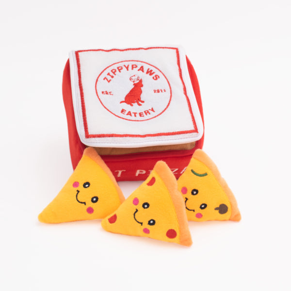 Zippy Burrow Pizza Box Plush Dog Toy - Soft & Chewable Pizza-Shaped Pet Bed for Small & Medium Dogs - Fun Interactive Play & Cozy Nap Time