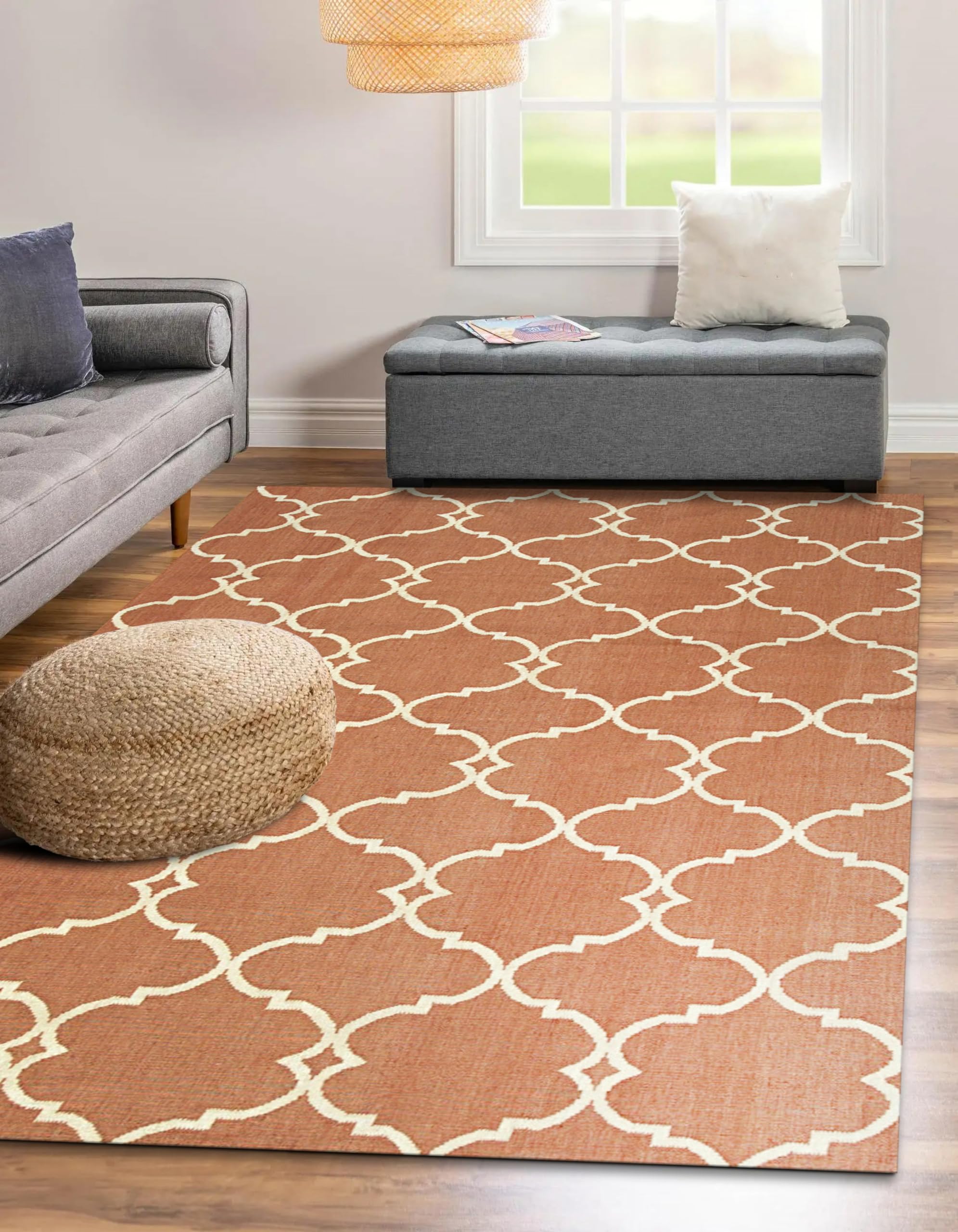 EORC Orange Handmade Polyester Reversible Moroccan Outdoor Rug - Durable & Stylish Area Rug for Patio, Garden, Deck - Waterproof & UV Resistant for All-Weather Use - Perfect for Outdoor Entertaining & Relaxation