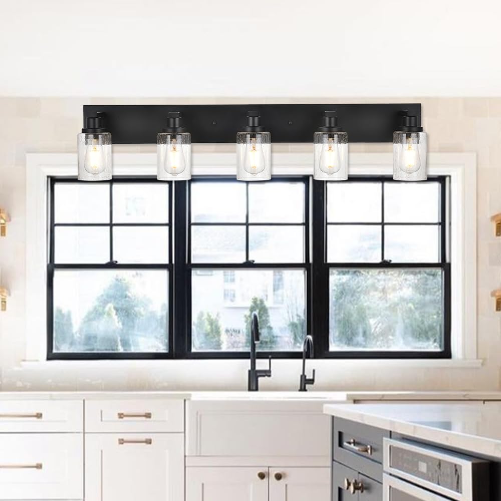 5-Lights Farmhouse Bathroom Vanity Light - Black Wall Mount Lighting Fixture with Seeded Glass Shades - Perfect for Bathroom Mirror, Cabinet, Kitchen and Bedroom Lighting