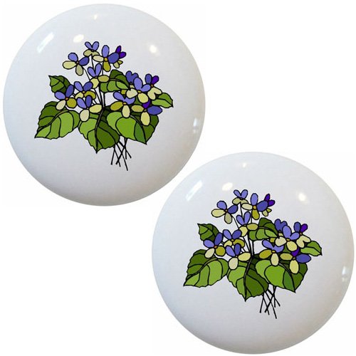 2 Pack Violet Floral Ceramic Drawer Pulls - Elegant Cabinet Knobs for Kitchen, Bathroom & Furniture (Violet Flower Design)