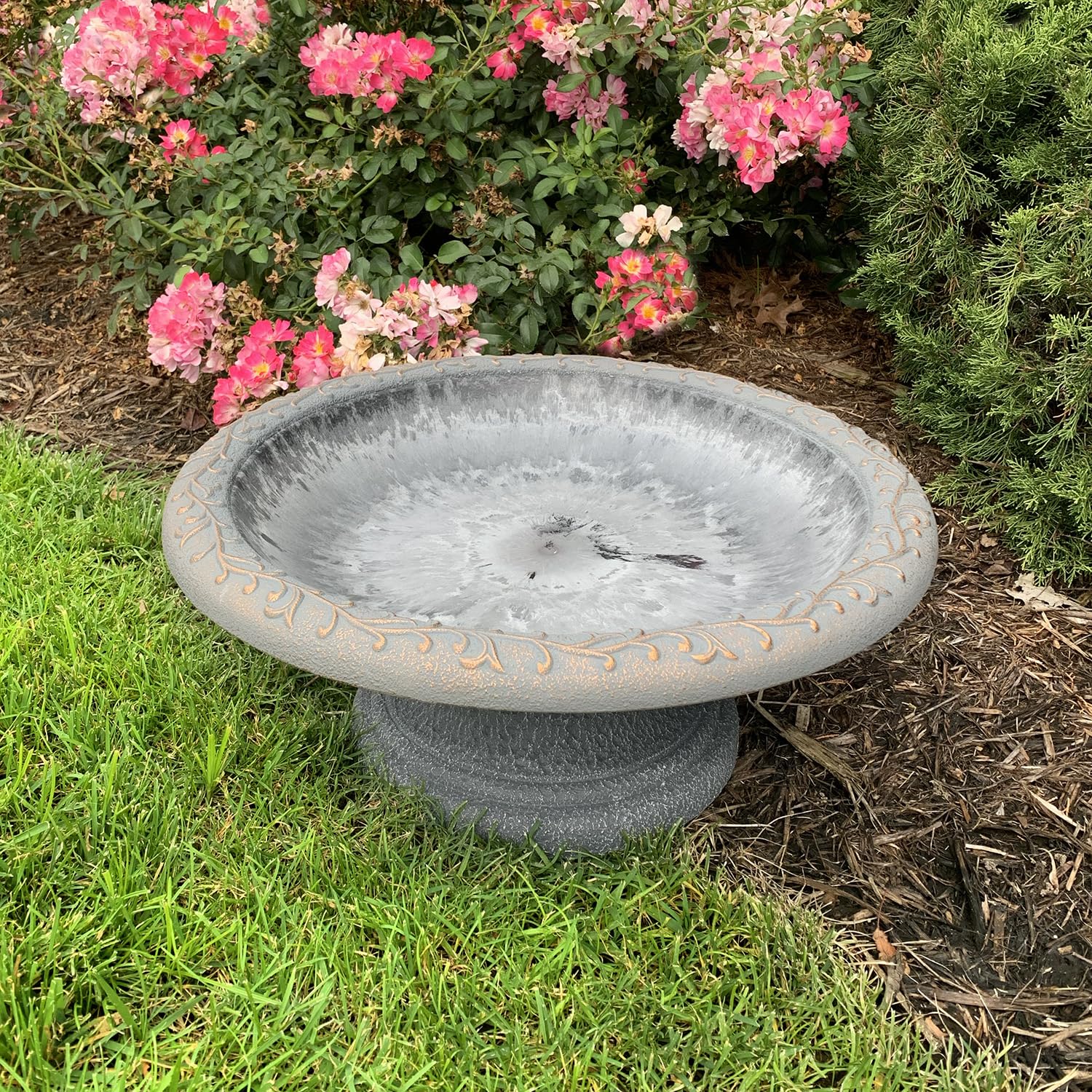 Tierra Garden Fiber Clay Bird Bath - Semi-Gloss Bowl with Matte Base for Outdoor Decoration - Charcoal Color Bird Feeder for Backyard, Patio, and Garden Wildlife Attraction
