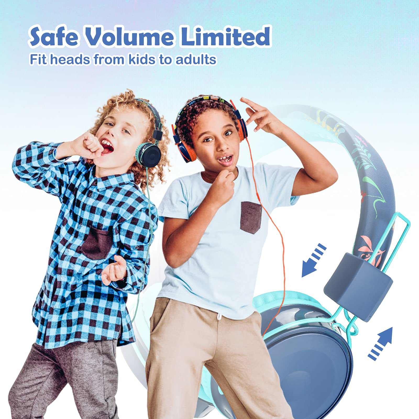 OKCSC B2 Kids Cartoon Headphones with Microphone - 85dB Safe Volume Limited On-Ear Headset for Boys & Girls, Foldable Adjustable 3.5mm Wired Stereo Headphones for School, Travel, Tablet & Smartphone Use - Mint Green