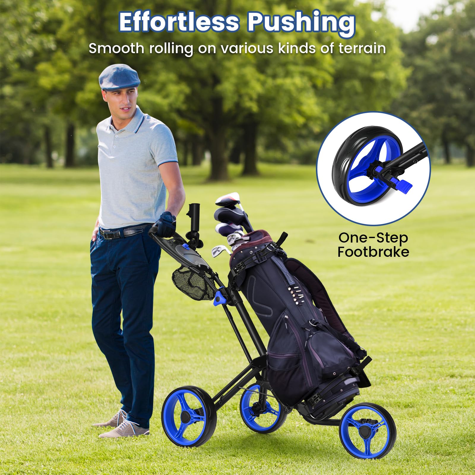 ULTIMATE 3 Wheel Golf Push Cart - Lightweight Folding Golf Trolley with Scorecard Holder, Cup Holder, Umbrella Holder & Golf Bag Holder | Includes Mesh Storage Bag, Upper/Lower Brackets with Elastic Straps, Foot Brake & Adjustable Handle | Perfect for Golf Courses, Driving Ranges & Outdoor Practice