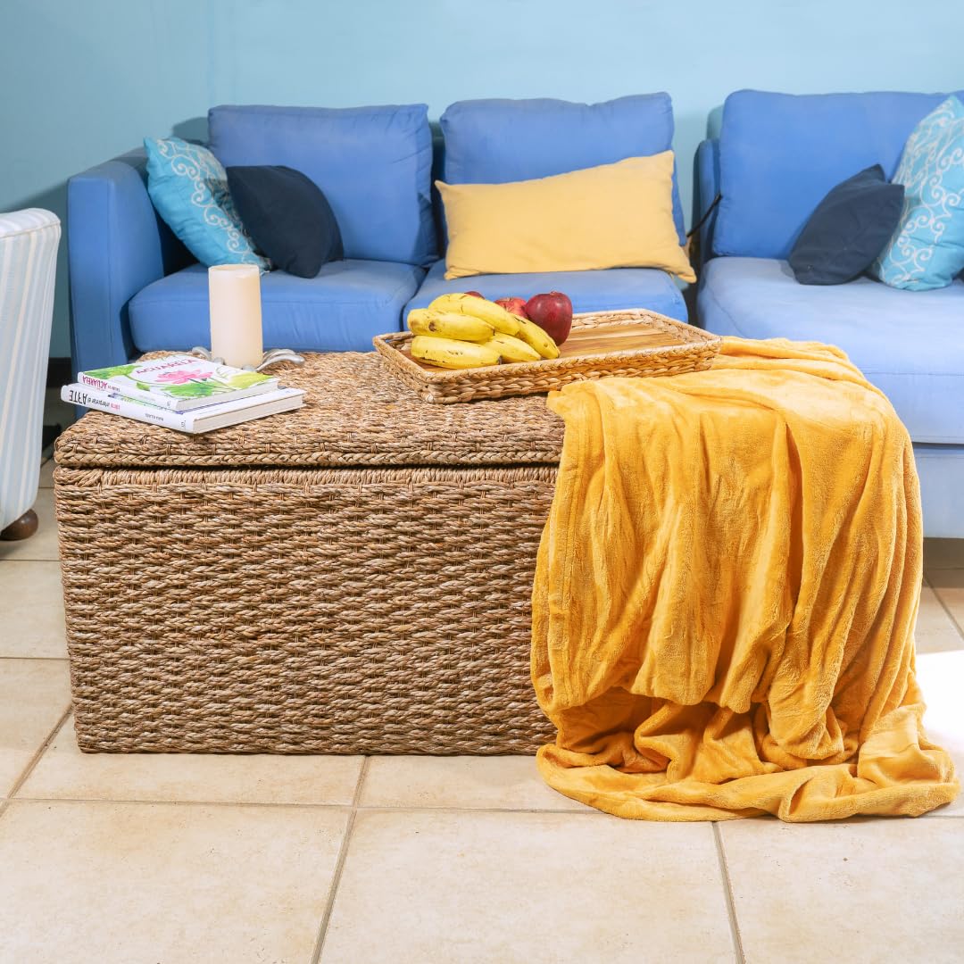 Extra Large Wicker Storage Bench with Lid - Rattan Ottoman Coffee Table, Seagrass Toy Box & Bedside Organizer | Handwoven for Living Room, Bedroom & Nursery Storage Solutions
