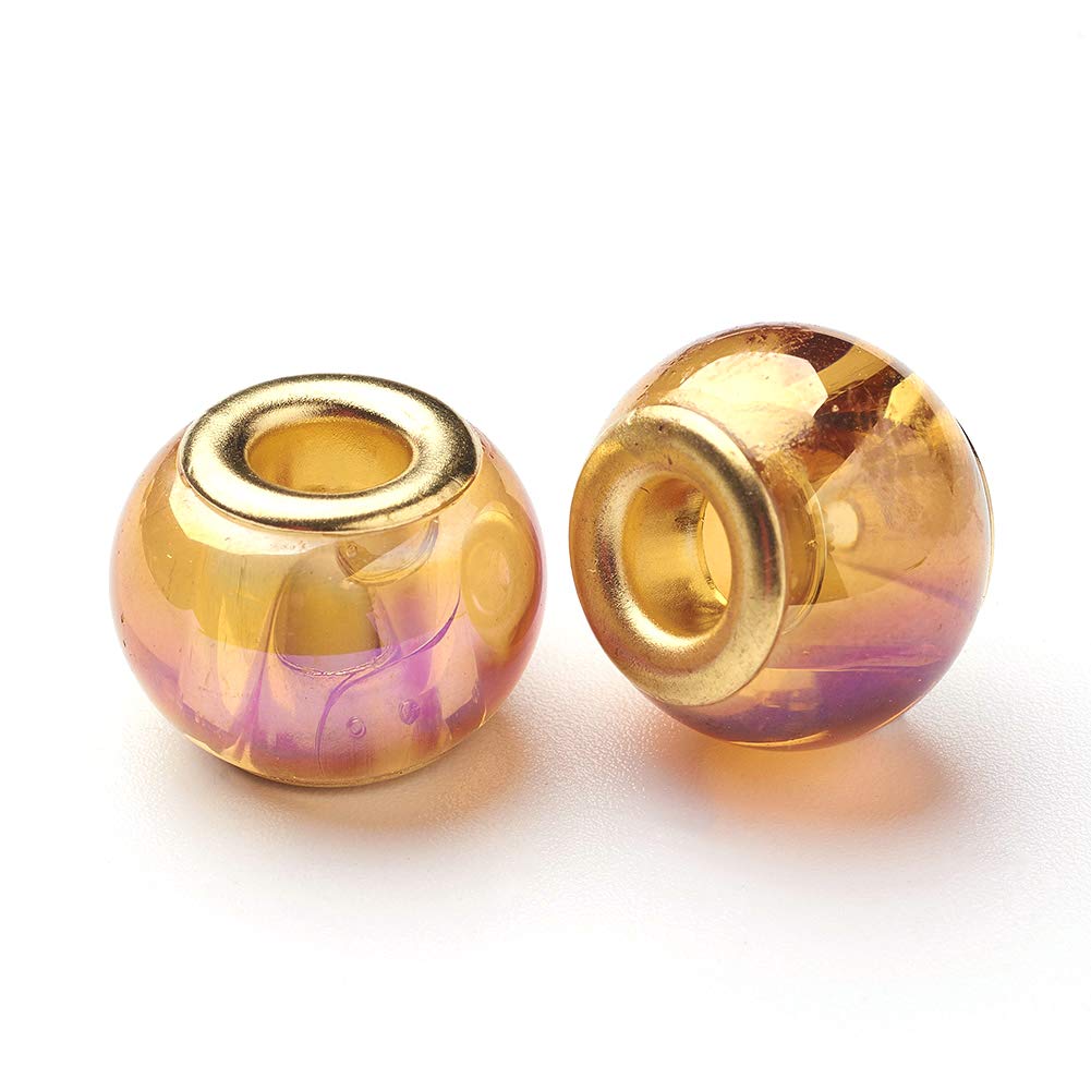 Craftdady 100pcs Large Hole Glass European Beads 15x11mm Rondelle Slide Charms with Brass Double Cores - 5mm Hole for DIY Snake Chain Bracelet Jewelry Making - Perfect for Bohemian Style, Handmade Necklaces & Craft Projects