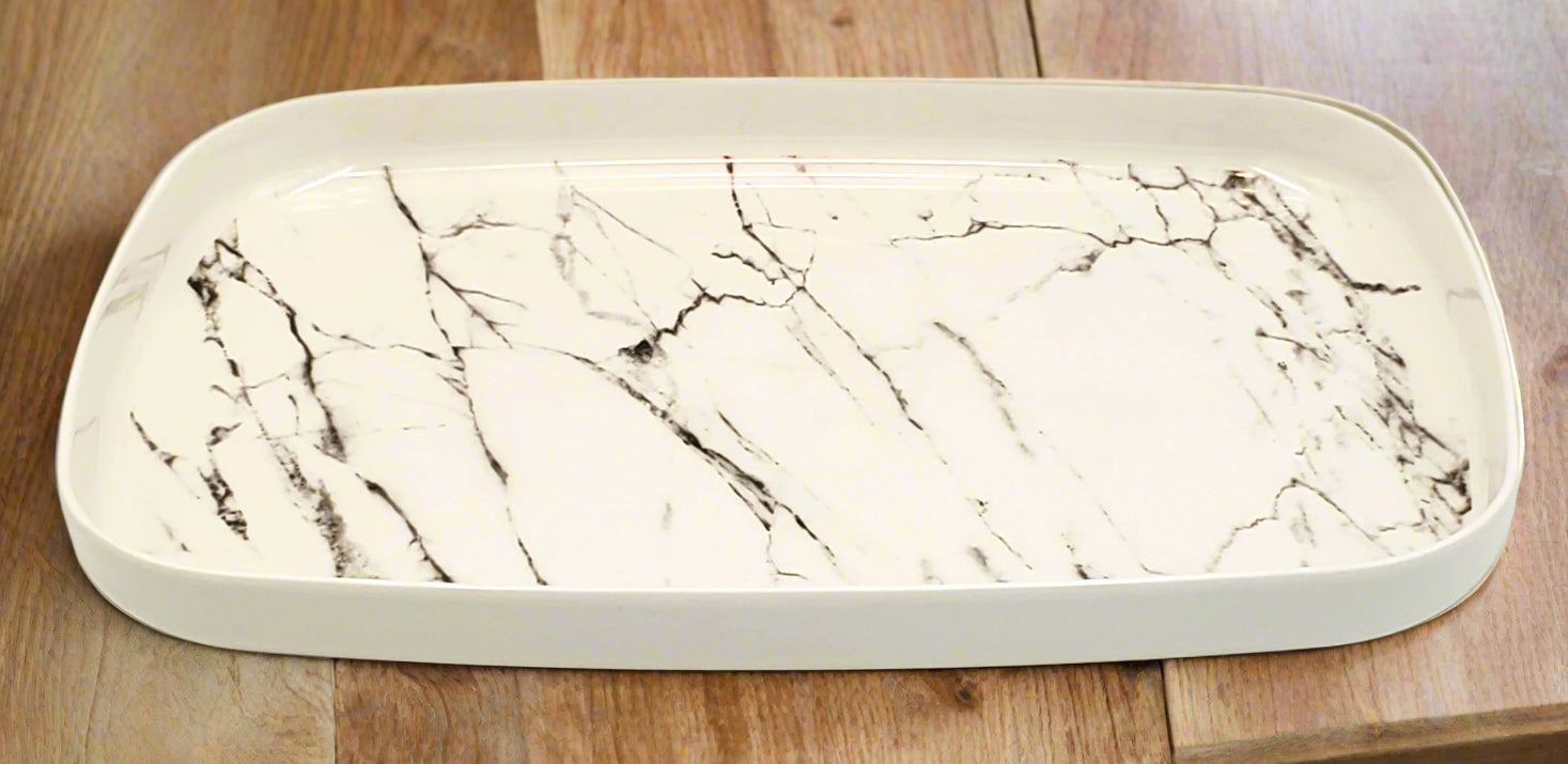 16x11.5 Inch Melamine Serving Tray with Marble & Silver Design - Perfect for Dining, Entertaining, and Home Decor