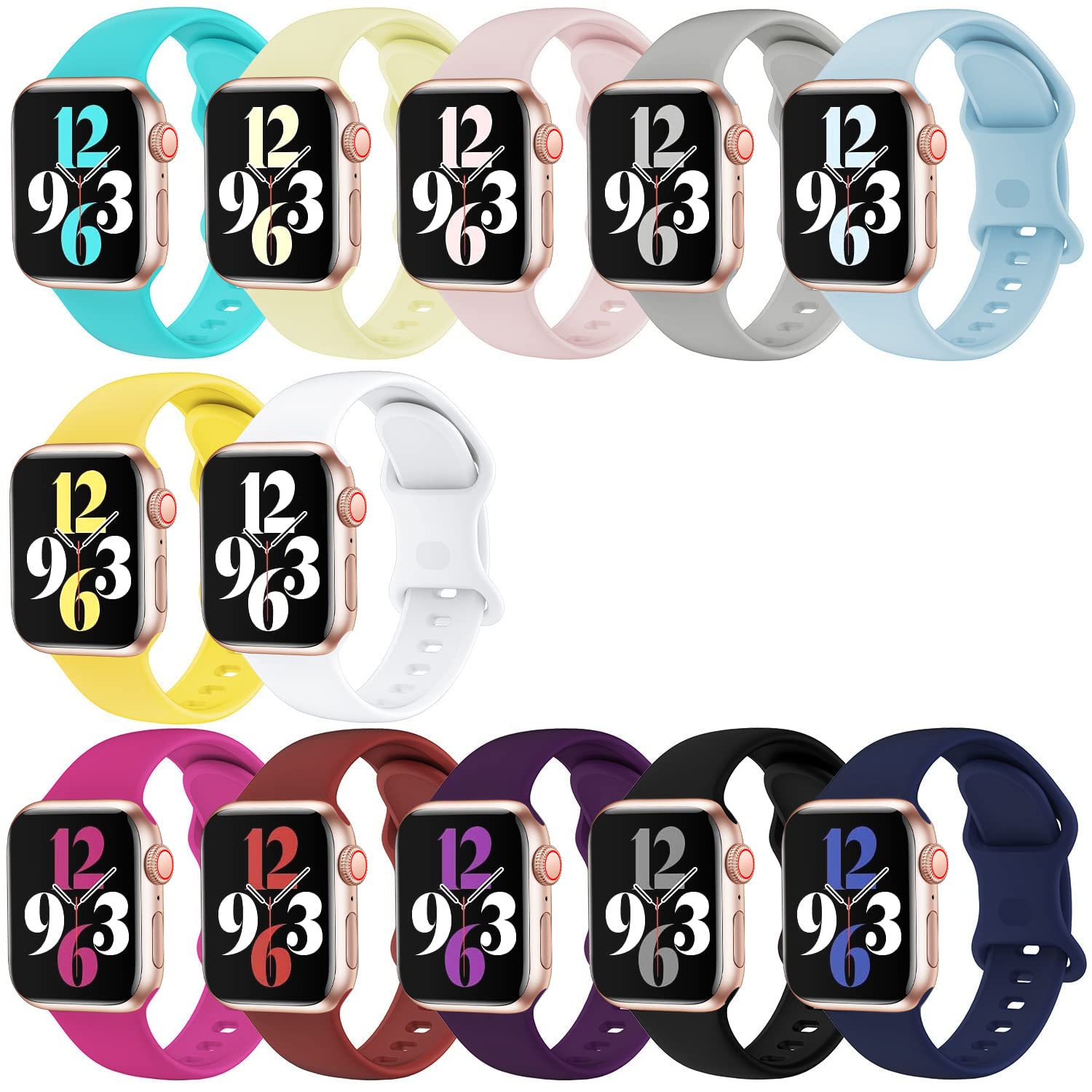 [12 Pack] Soft Silicone Sport Watch Bands Compatible with Apple Watch 38mm 40mm 41mm - Replacement Straps for iWatch Series 8/7/6/5/4/3/2/1/SE/Ultra - Breathable & Durable Wristbands for Men & Women - Perfect for Gym, Running, Hiking & Everyday Wear
