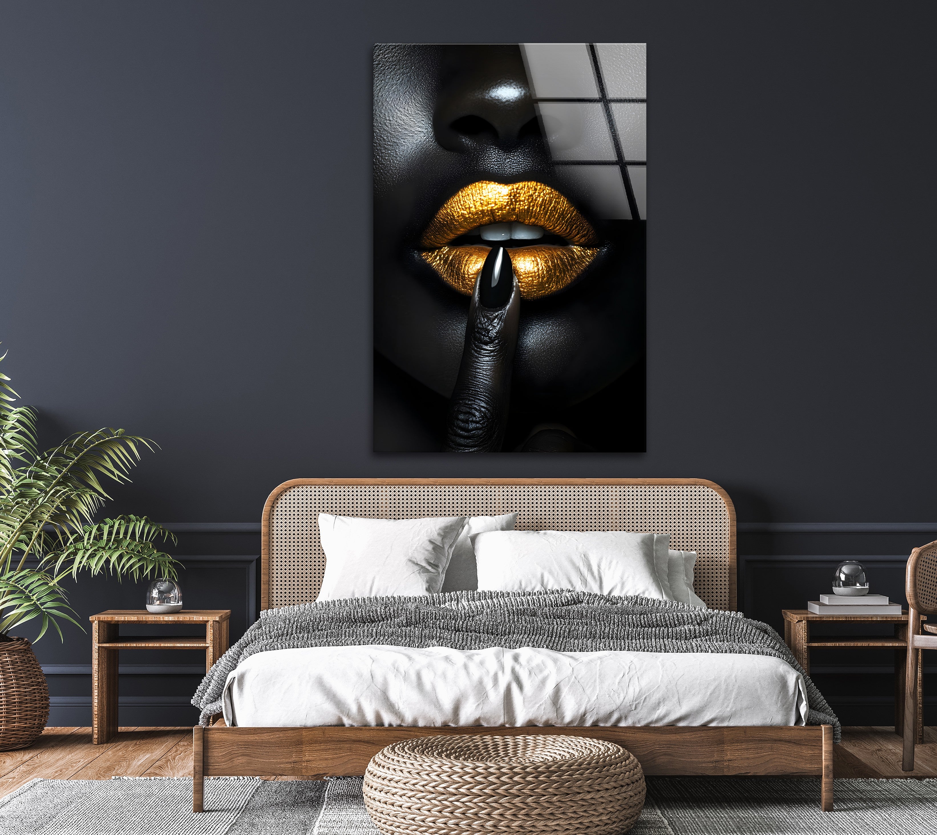 Black and Gold Lips Wall Art - Bold & Striking Glass Wall Decor for Living Room, Bedroom & Office | Modern Home Decor & Unique Gift Idea