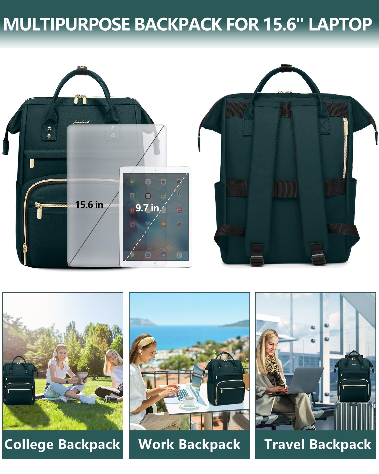Professional Women's Laptop Backpack - 15.6 Inch Waterproof Work Bag with USB Port, Dark Green Travel Backpack for Nurse, Teacher, Office, and College Students
