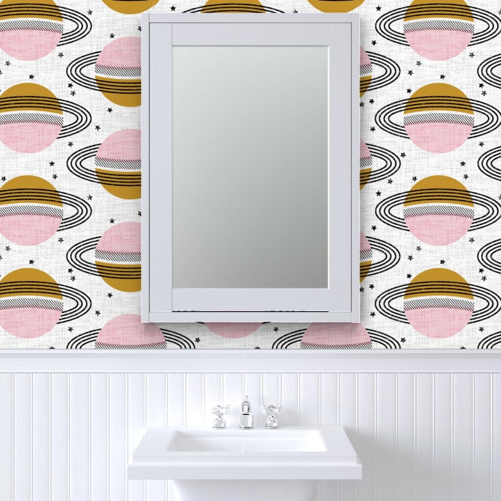 Self-Adhesive Removable Wallpaper - 9ft x 2ft Space Planets Design, Mid-Century Modern Peel & Stick Wallpaper for Bedroom, Nursery, Office Decor | Spoonflower