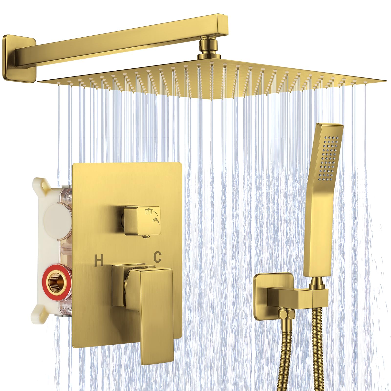 JOMEOO 12 Inch Brushed Gold Shower System - Wall Mounted High Pressure Rainfall Shower Head with Handheld Sprayer, Luxury Bathroom Shower Faucet Set with Rough-in Valve & Trim for Spa-Like Experience