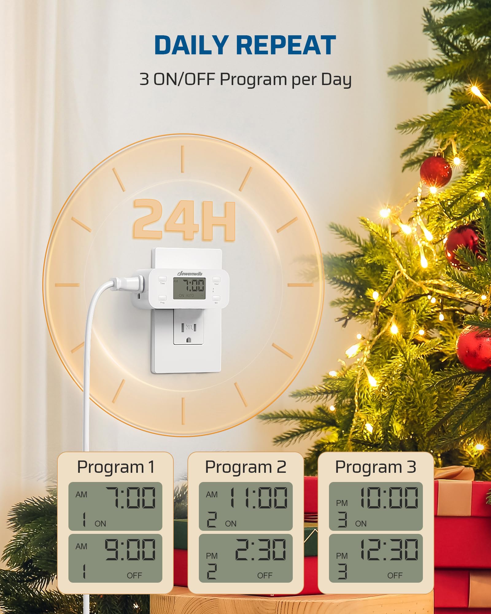 DEWENWILS 24 Hour Programmable Digital Timer Outlet - 2 Pack Electrical Outlet Timers with 1 Grounded Outlet (125V/15A/1000W, 3 Prong, 1/2 HP) - Perfect for Indoor Lamps, Fans, Aquariums & Home Automation