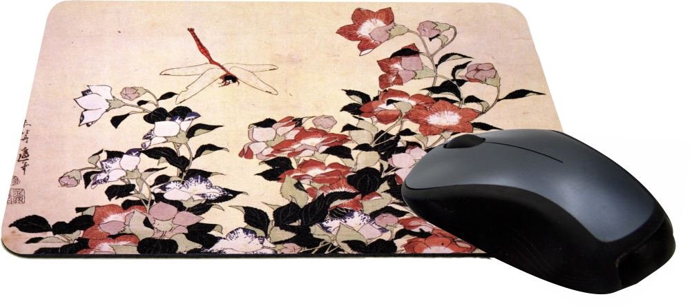 Katsushika Hokusai Art Gaming Mouse Pad - Chinese Bell Flower & Dragonfly Design - Non-Slip Rubber Base - Perfect for PC, Laptop, Office & Gaming Setup (MPSQ-RK-3218)