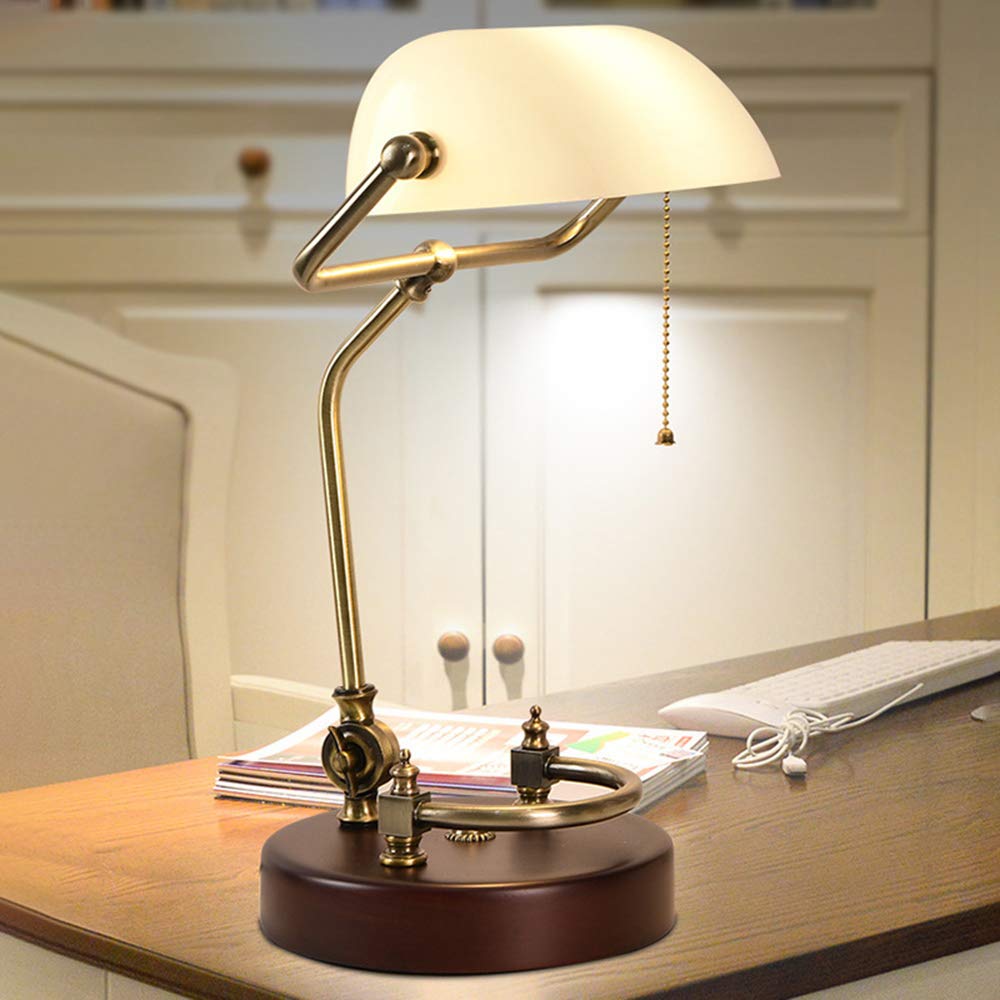 Vintage White Bankers Lamp with Glass Shade - Solid Wood Antique Desk Lamp for Office, Study & Reading - Classic Literature & Art Inspired Lighting - Perfect for Home Office, Library & Study Room
