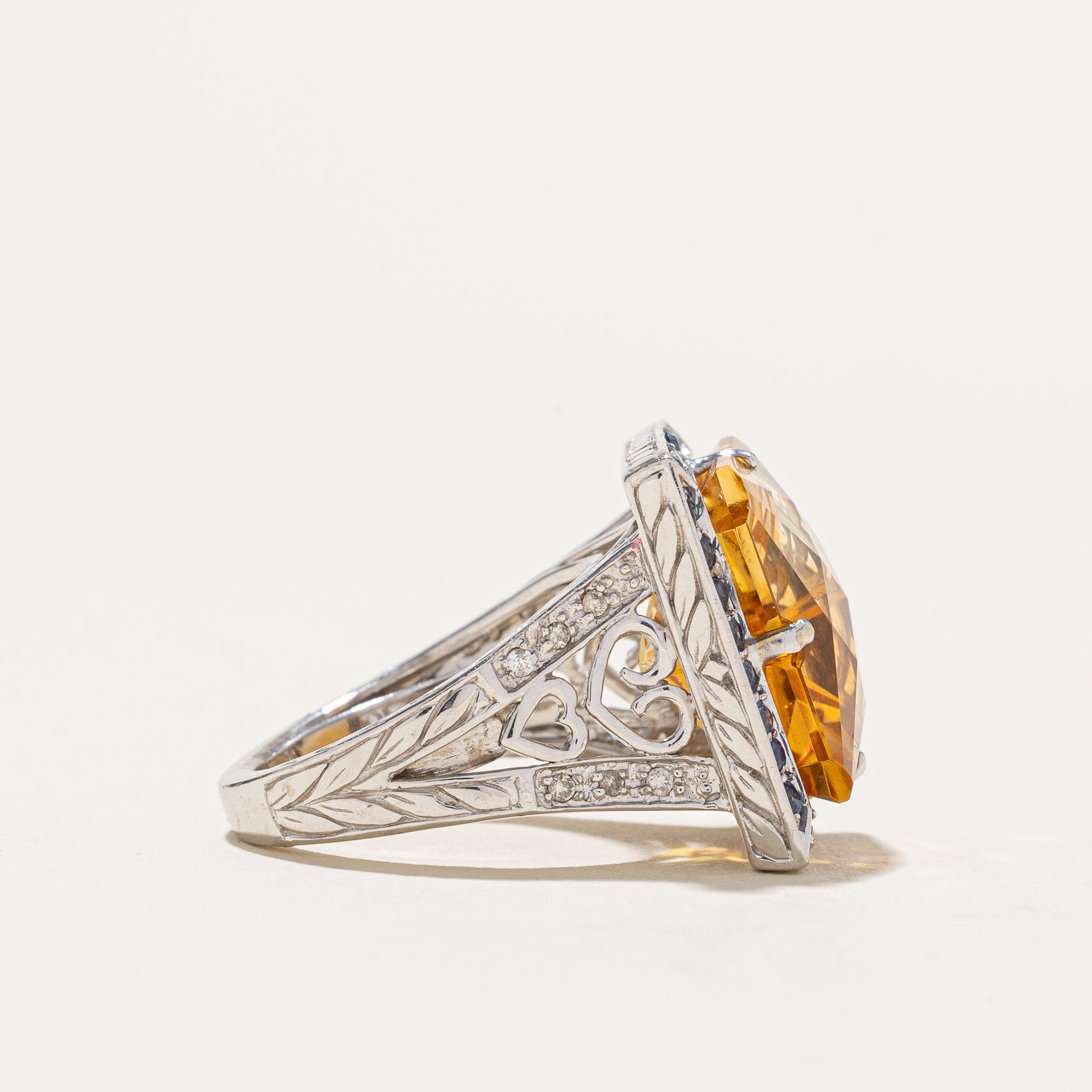 12.50ctw Citrine & Sapphire Diamond Cocktail Ring - 0.06ctw Diamonds | Size 5 | Elegant Evening Wear & Special Occasion Jewelry