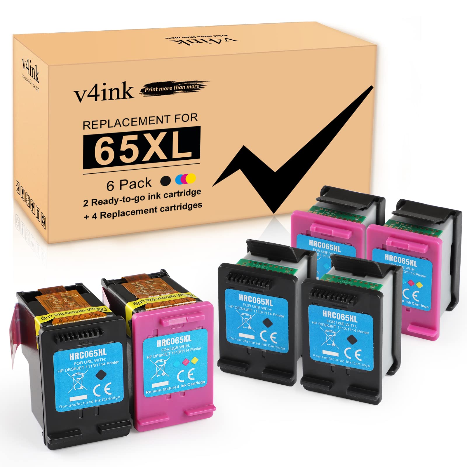 V4ink Remanufactured 65XL Ink Cartridge (6-Pack: 3 Black + 3 Tri-Color) - Compatible with HP Envy Photo 5055/5010/5034/5032 & Deskjet 2652/3723/3750/3720/3730/2621/AMP 105/120 Printers - High-Quality Replacement for HP 65XL - Perfect for Home Office Printing, School Projects & Photo Printing