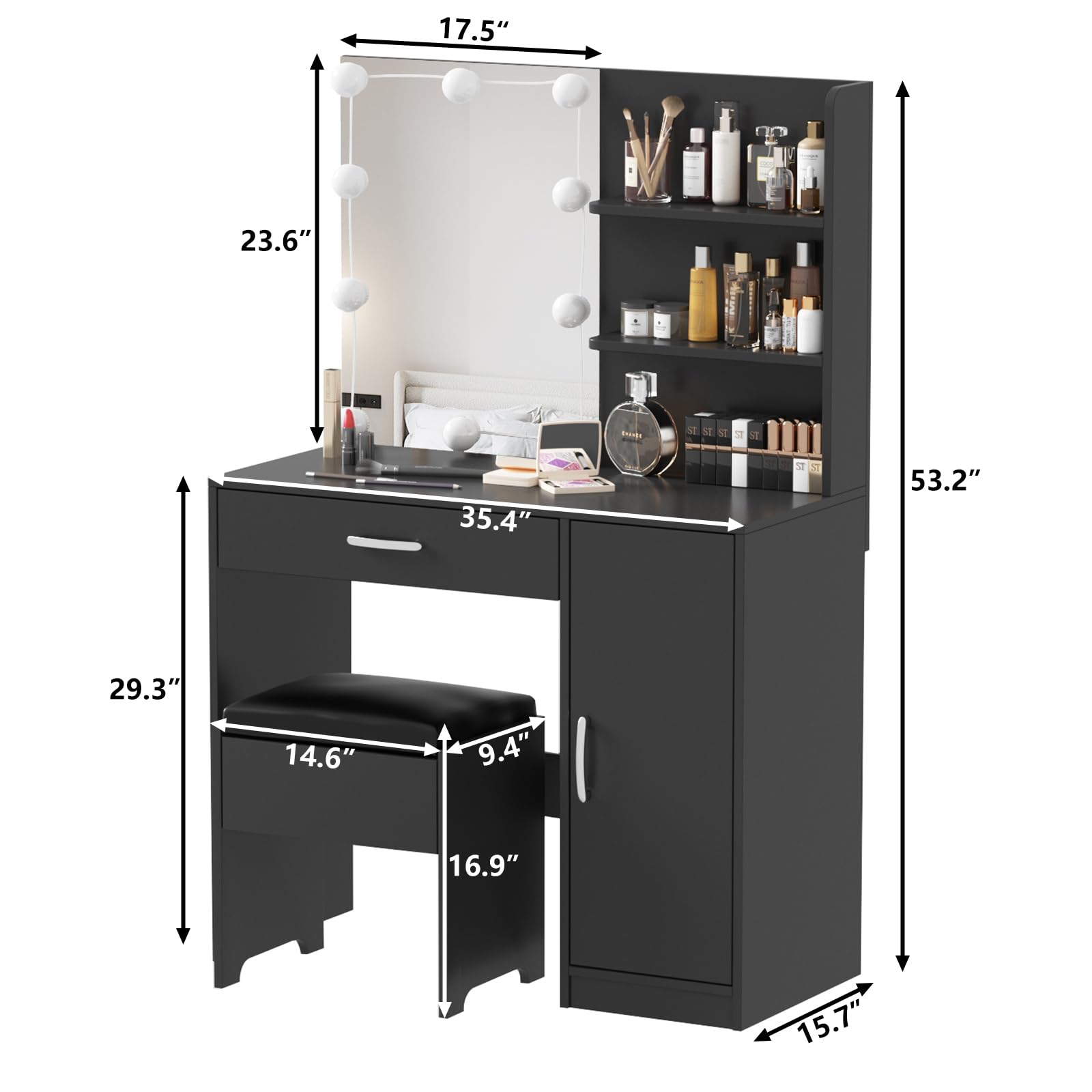 Lighted Makeup Vanity Desk with Mirror, Storage Drawers & Cabinet - Dressing Table for Bedroom & Bathroom (Black) | Perfect for Beauty Routine, Makeup Organization & Small Space Decor