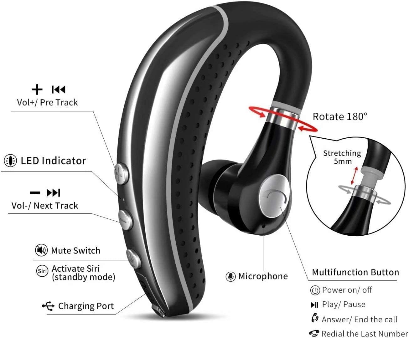 Wireless Bluetooth Headset V5.0 with Noise Cancelling Mic - Lightweight Business Earphone for Android & iPhone - Perfect for Driving, Trucking & Office Use (Grey)