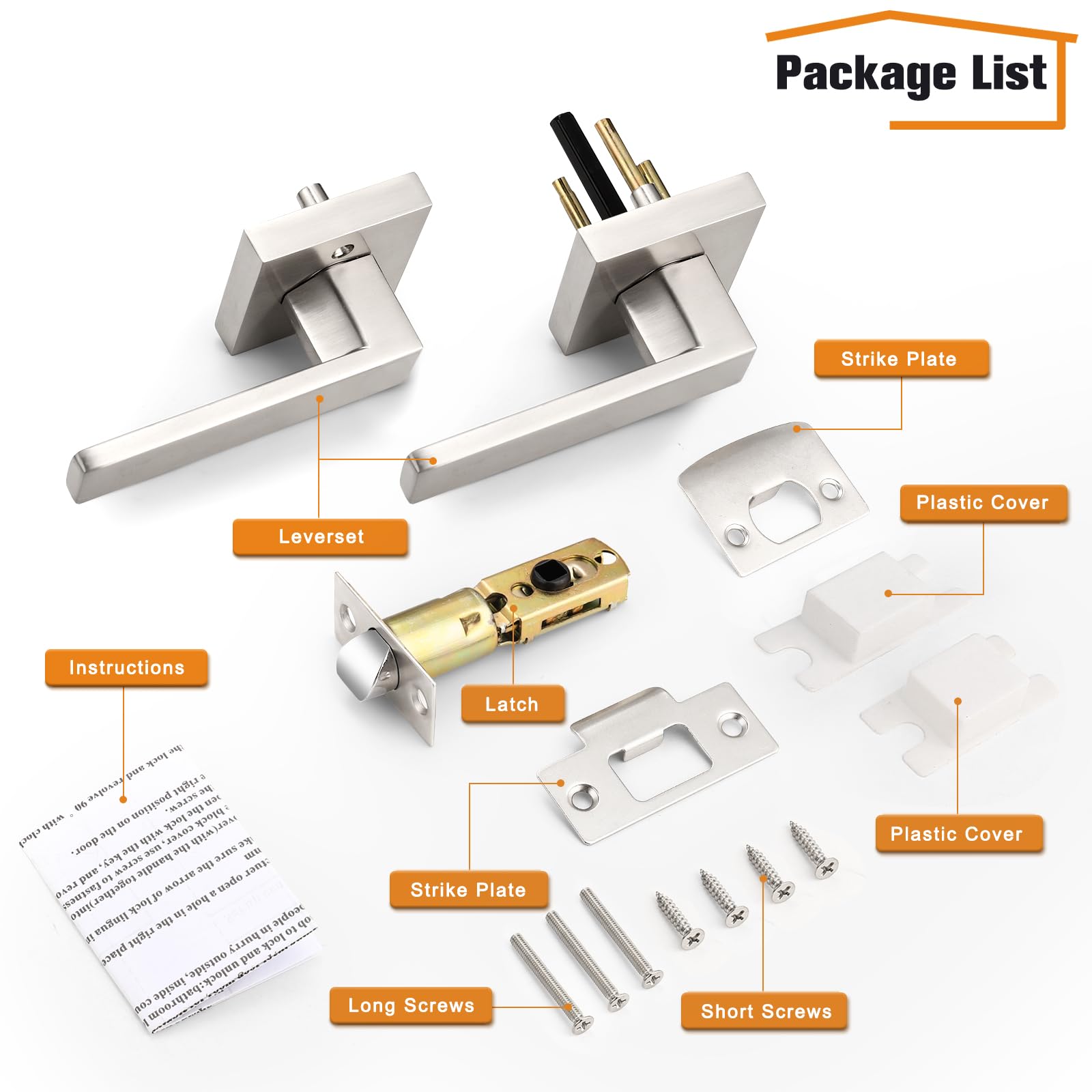 Probrico 10-Pack Brushed Nickel Passage Door Levers with Lock - Heavy Duty Square Interior Door Handles for Left & Right Handed Doors (Keyless) - Perfect for Closet, Hallway, Bedroom & Office Doors