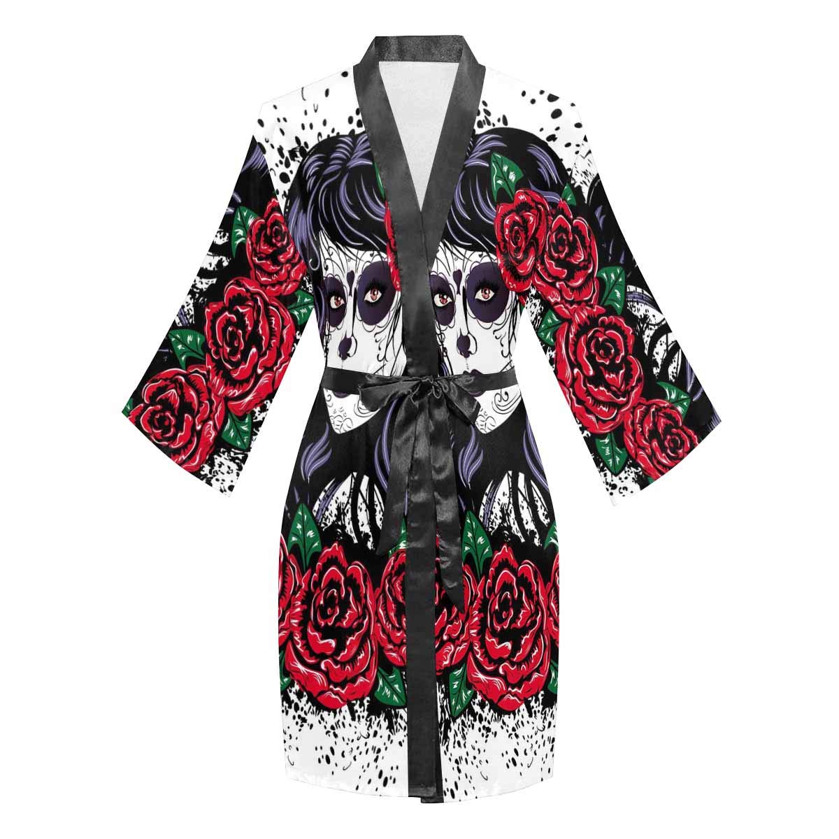 Vintage Sugar Skull Roses Long Sleeve Kimono Cover Up for Women - Boho Casual Wedding Beach Coverup, Loungewear & Festival Outfit
