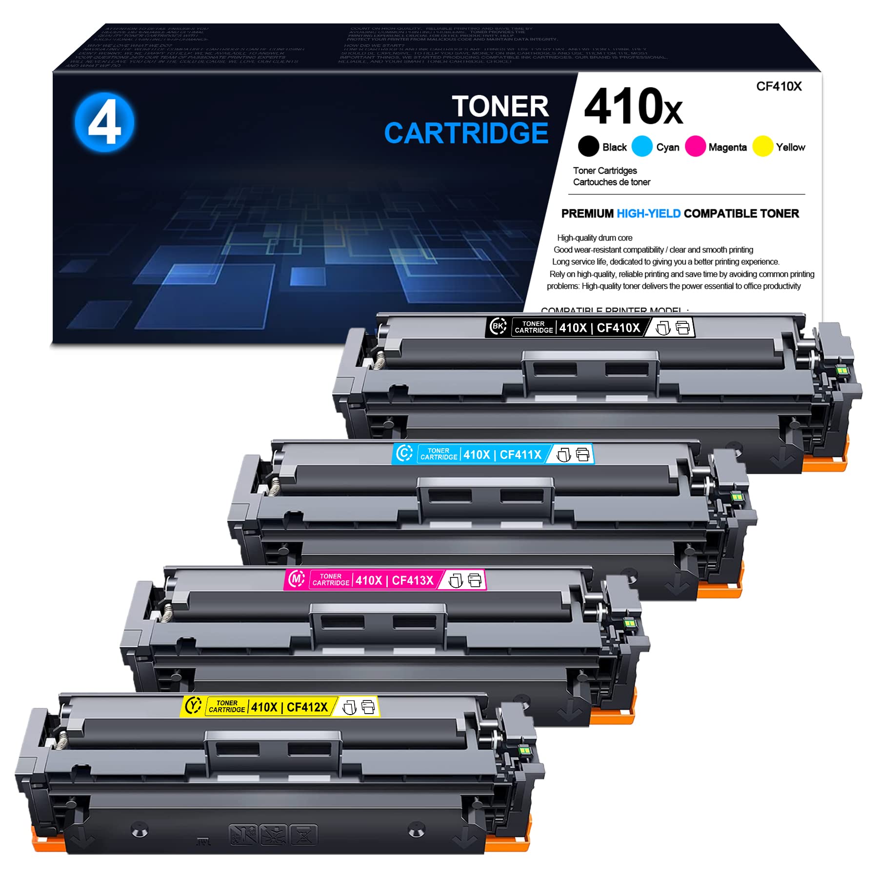 HP 410X 410A Compatible Toner Cartridge 4-Pack - Replacement for CF410X CF411X CF412X CF413X - Works with HP Color Pro MFP M477FNW M477FDW M452DN M452NW M452DW M377DW - Perfect for Office Printing & High-Volume Documents
