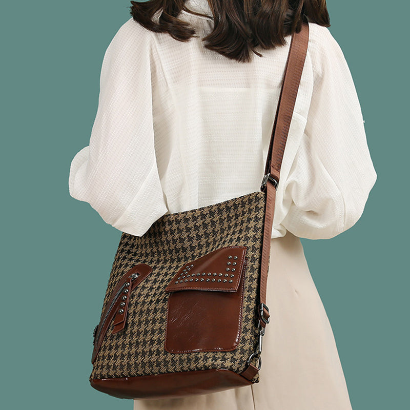 Stylish Houndstooth Backpack for Women - Fashionable Leopard Print Shoulder Bag with Rivet Design | Perfect for Work, Travel & Daily Use