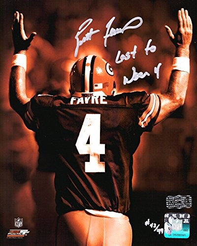 Brett Favre Autographed Green Bay Packers 8x10 NFL Photo - Limited Edition of 44 with 'Last To Wear 4' Inscription - Perfect for Football Memorabilia Collectors and Packers Fans Display