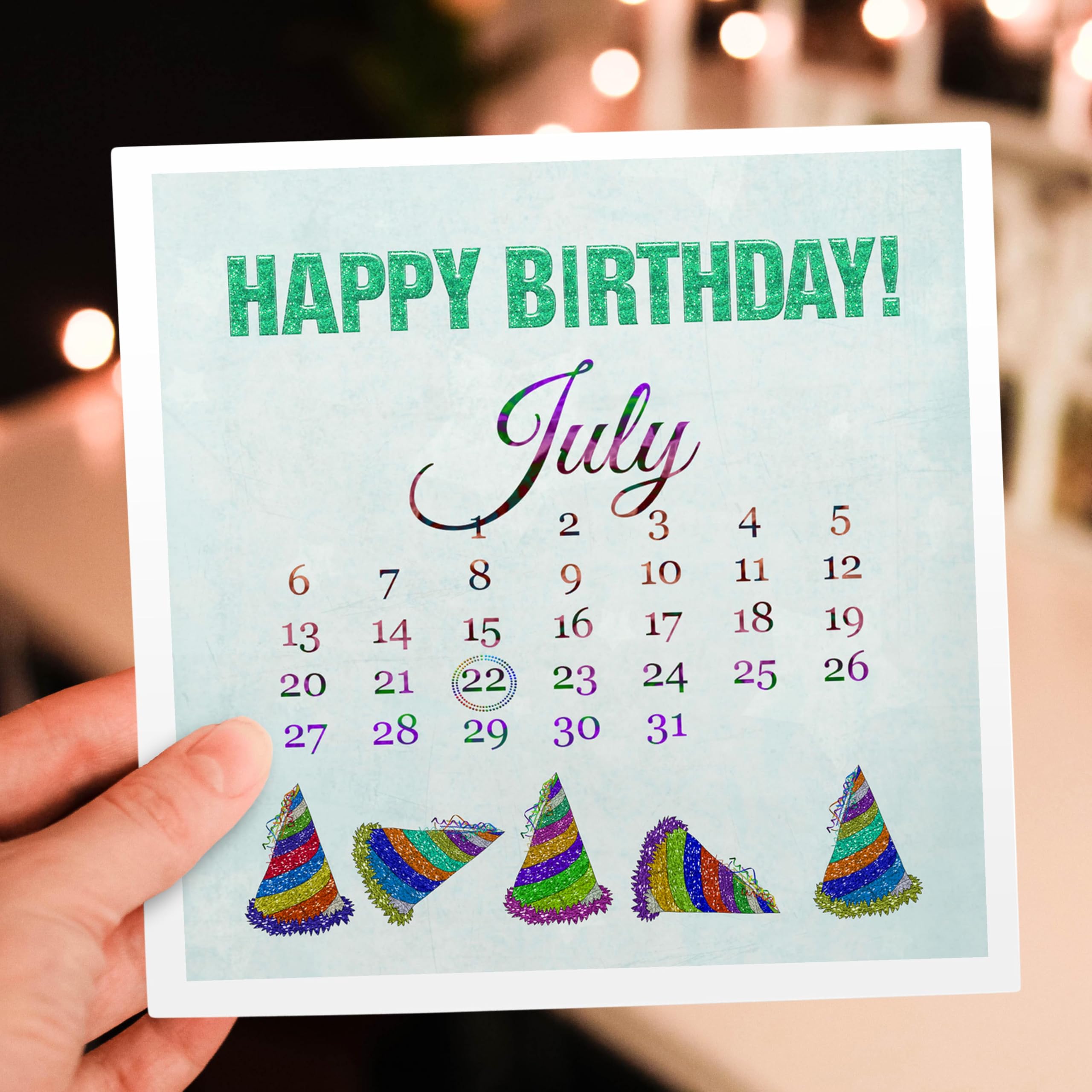 Happy Birthday Greeting Card - July 22nd Special with Glitter & Colorful Hats Design - Perfect for Birthday Wishes, Parties & Celebrations