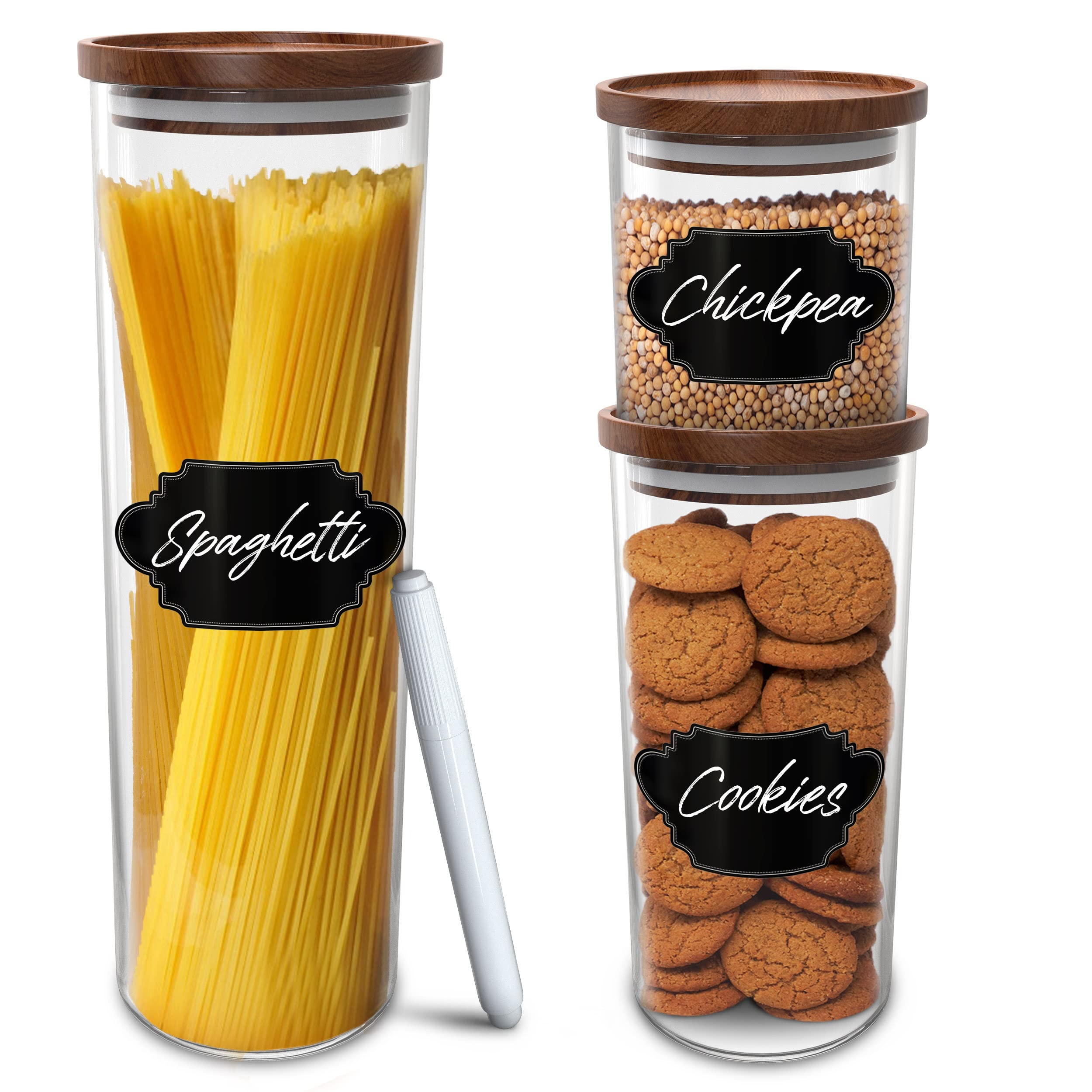 Essos Glass Jars with Acacia Wood Lids - Set of 3 (18oz, 36oz, 60oz) Airtight Kitchen Storage Containers for Pantry Organization | Perfect for Storing Cookies, Pasta, Flour & Dry Foods | Stackable Space-Saving Design