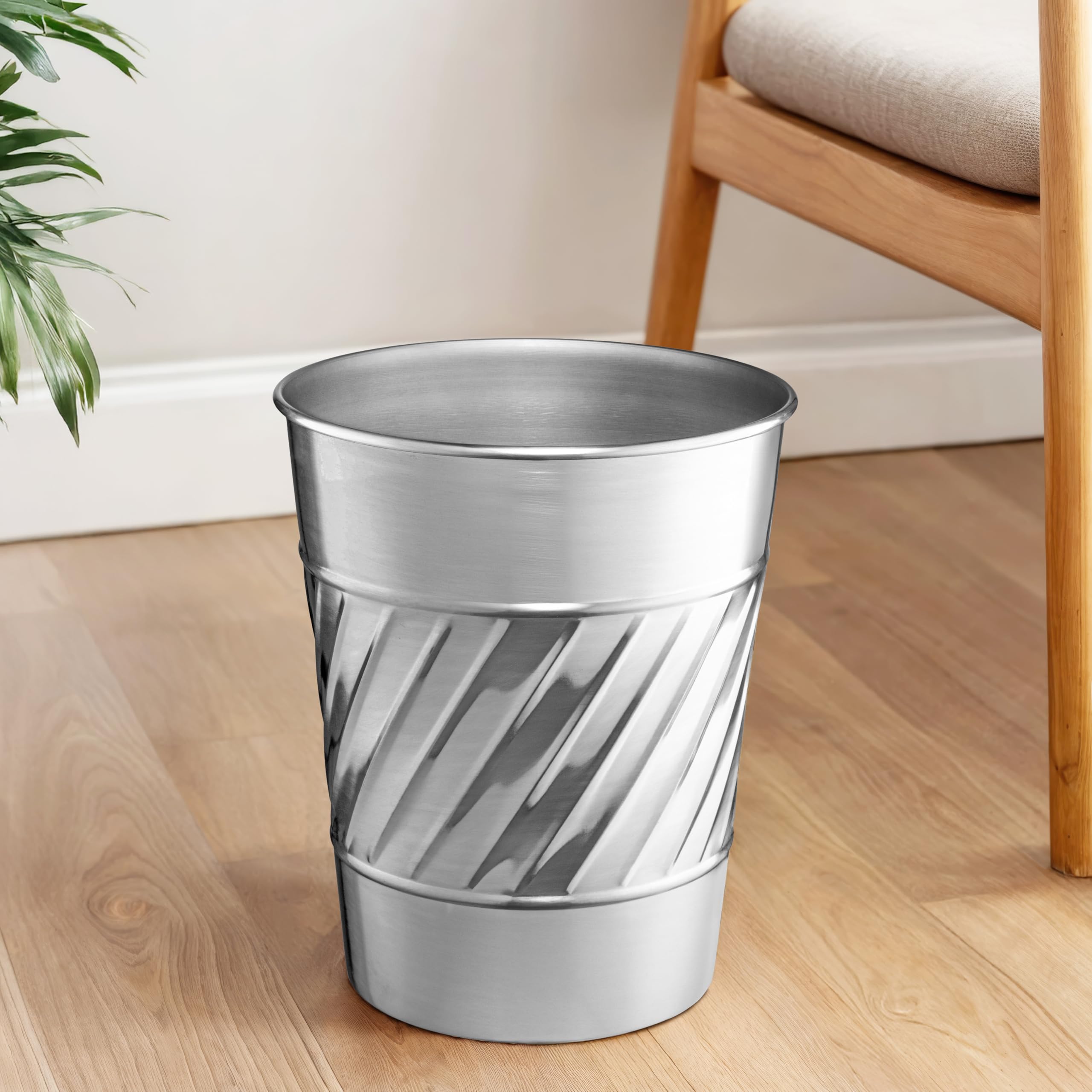 Handcrafted Metal Wastebasket - Durable Trash Can for Home, Office & Bedroom | Decorative Wave Embossed Design | Modern Bathroom Décor in Nickel Finish | Perfect for Living Rooms, Offices & Guest Bathrooms