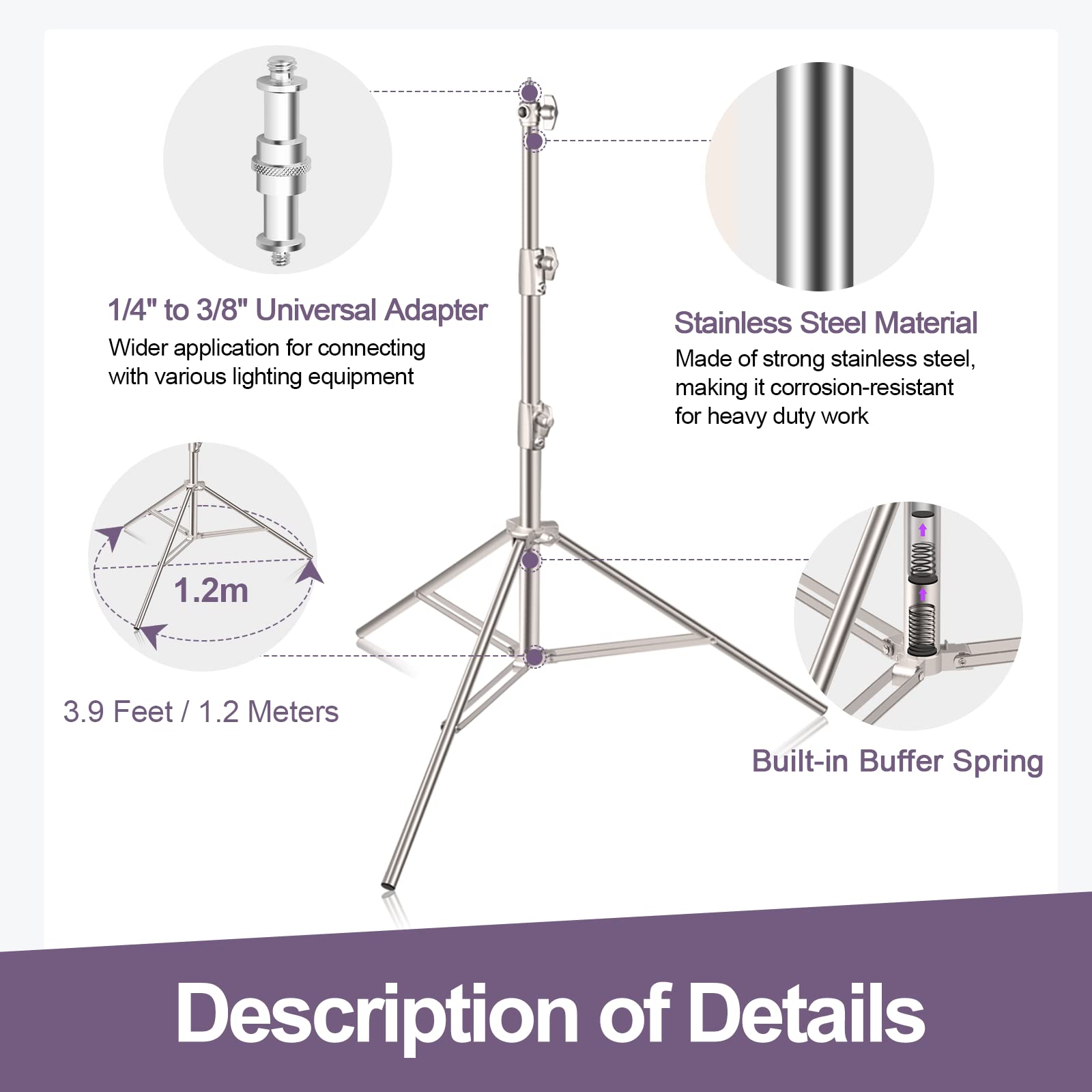 EMART 9.2ft/2.8m Professional Stainless Steel Light Stand with Spring Cushion - Heavy Duty Photography Tripod with 1/4