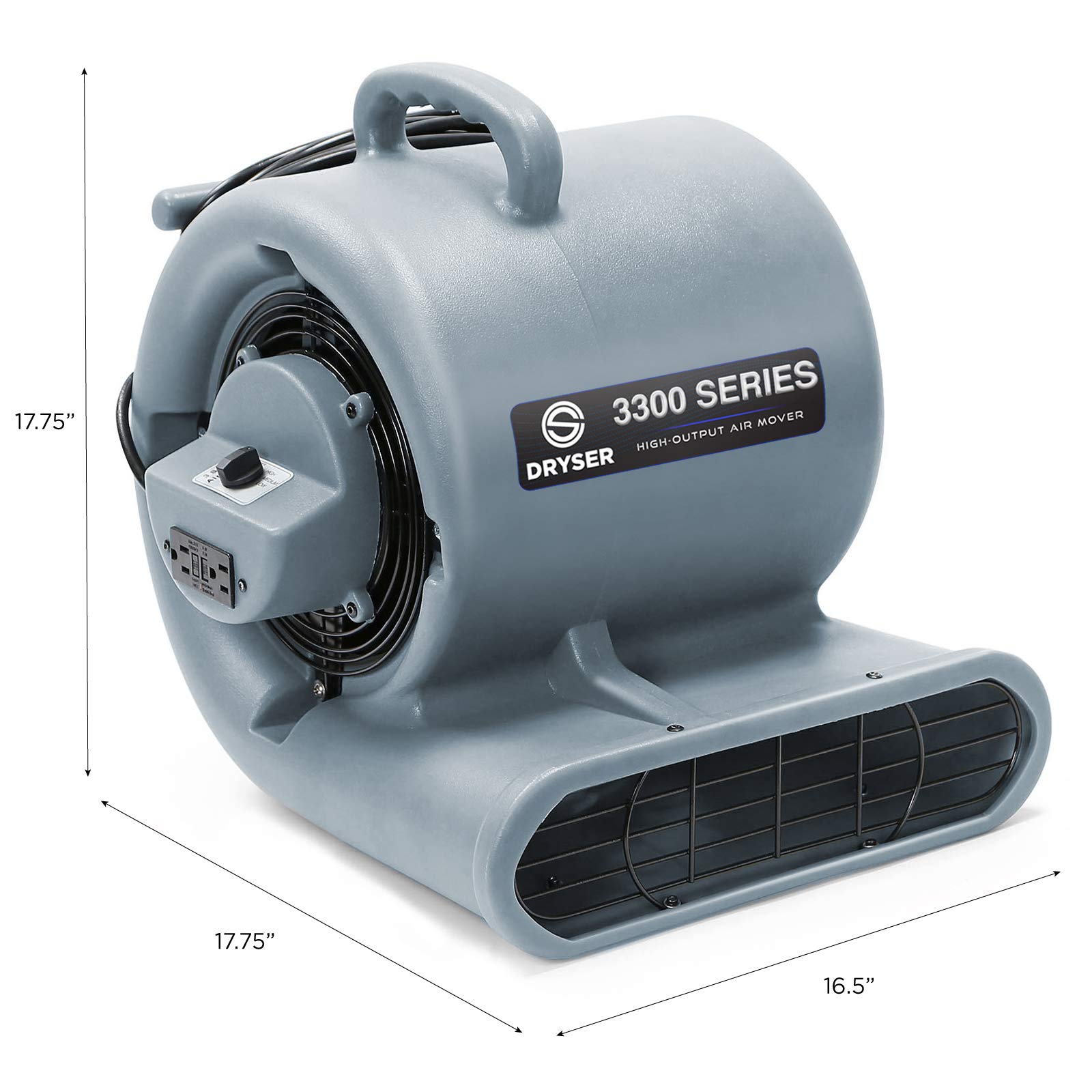 Dryser Air Mover 3-Speed Industrial Carpet Dryer & Floor Fan - 1/3 HP Motor with 2 GFCI Outlets, Stackable Gray Blower for Water Damage Restoration, Flood Cleanup & Carpet Drying
