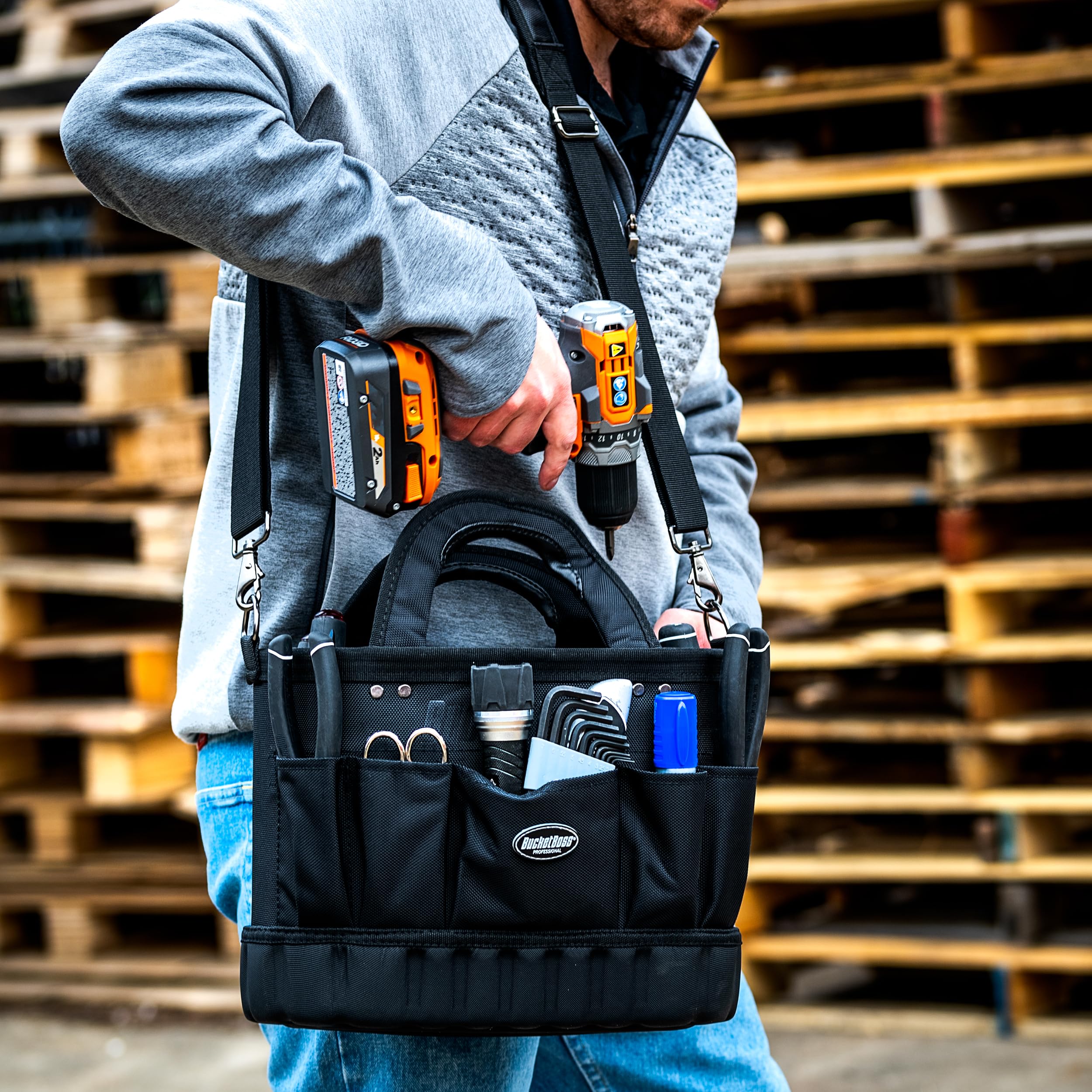 Bucket Boss Pro Oval Tool Tote 14 - Professional Series Tool Bag (74014) Black - Durable Construction Tool Organizer for Electricians, Contractors & DIY Home Improvement Projects