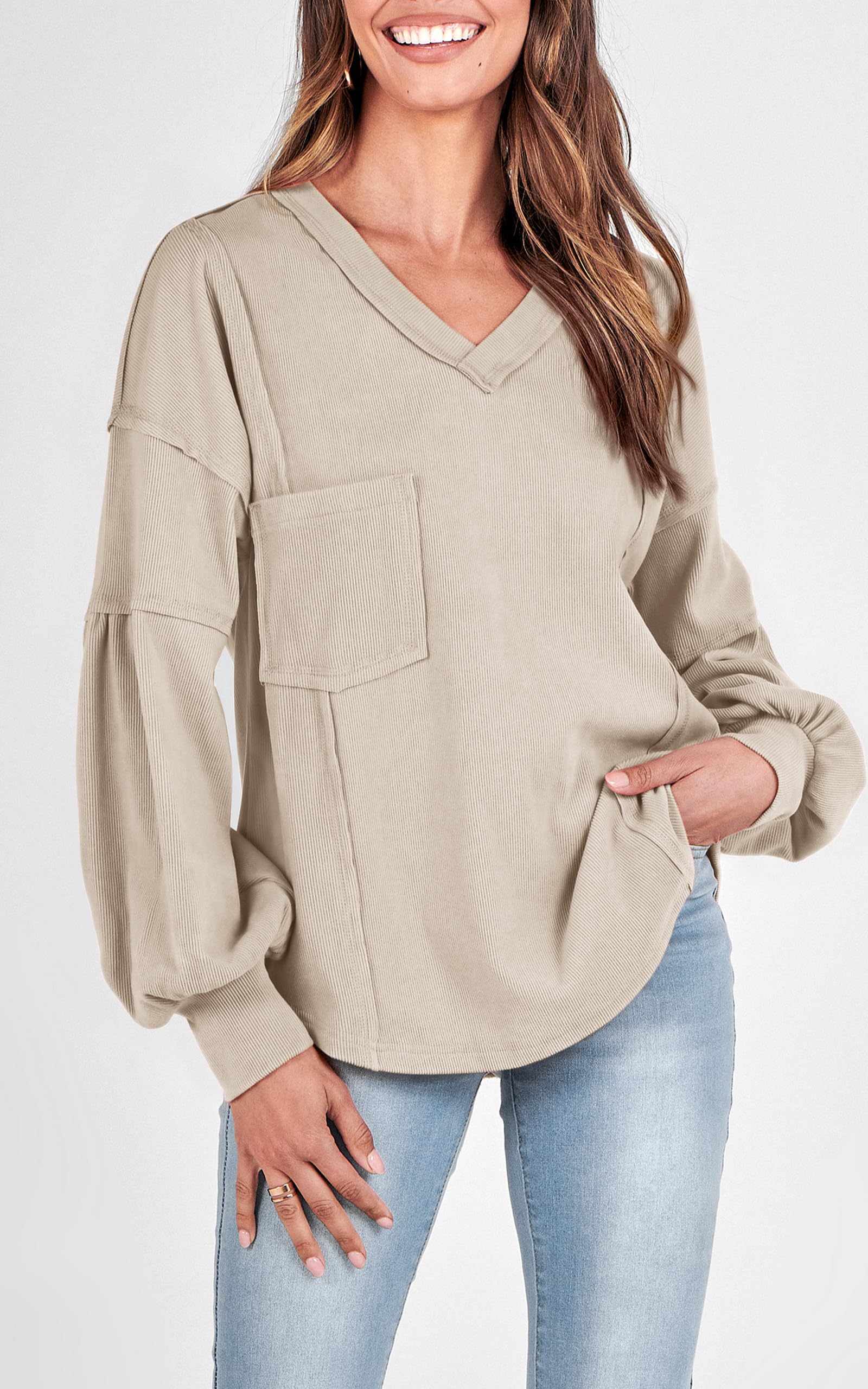 BTFBM Women's Ribbed Long Sleeve V-Neck Pullover Knit Top - Trendy Loose Fit Tunic Blouse for Spring & Summer 2025 - Casual Outfits, Layering Essentials, Office Wear & Weekend Style