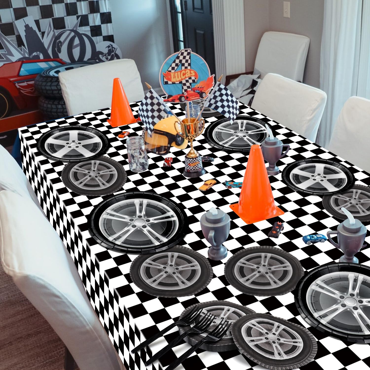 **81Pcs Racing Car Birthday Party Decorations Set - Car Wheel Plates, Tire Napkins, Forks & Checkered Tablecloth for Kids' Racing Themed Party (Serves 20) - Perfect for Birthday Celebrations, Sports Events & Themed Decor**