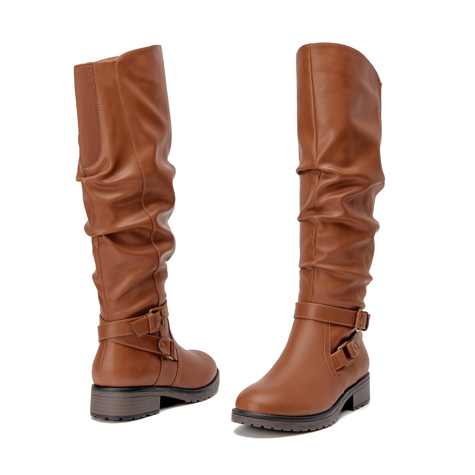 SelenePair Women's Fashion Knee High Boots - Flat Low Heel Slouchy Riding Boots with Side Zip & Adjustable Buckles | Perfect for Casual Outfits, Workwear & Winter Fashion