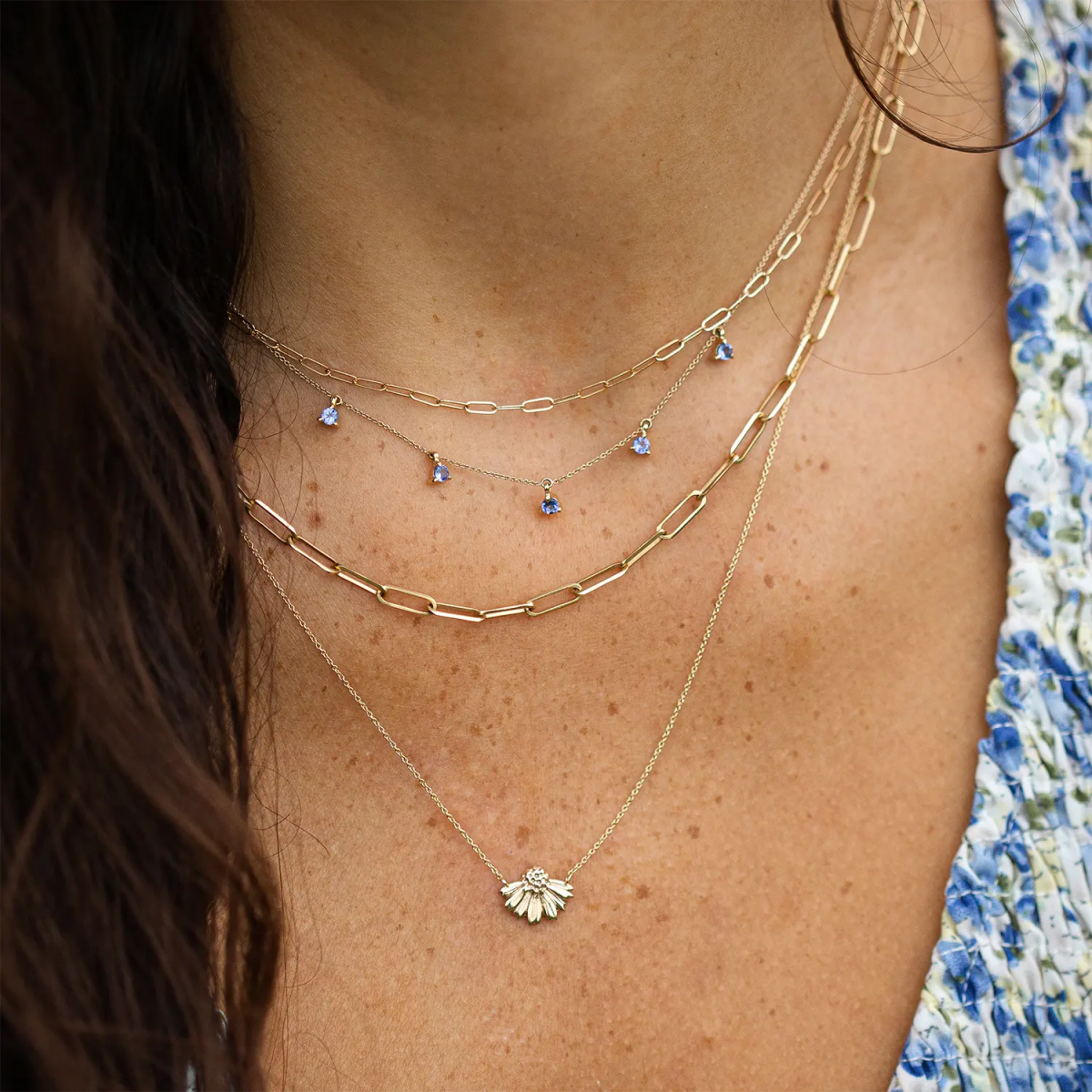 14K Yellow Gold Wildflower Tanzanite Petal Necklace – Elegant Floral Jewelry for Women, Perfect for Weddings, Anniversaries & Special Occasions