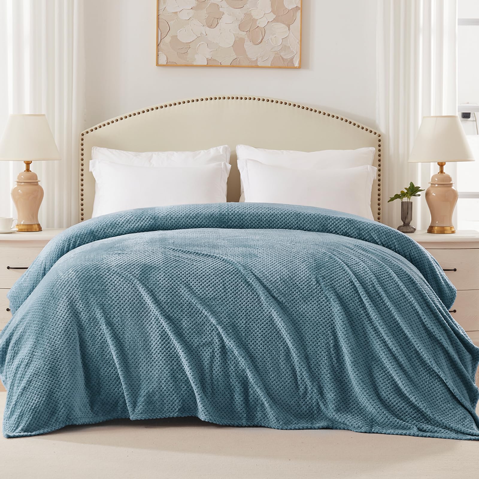 Premium Fleece Blend Twin Size Bed Blanket - Ultra Soft & Warm Waffle Textured Throw for Couch, Sofa & Bed - Cozy, Fuzzy & Lightweight (Slate Blue, 90x66 Inches) - Perfect for Winter Nights, Movie Time & Guest Rooms