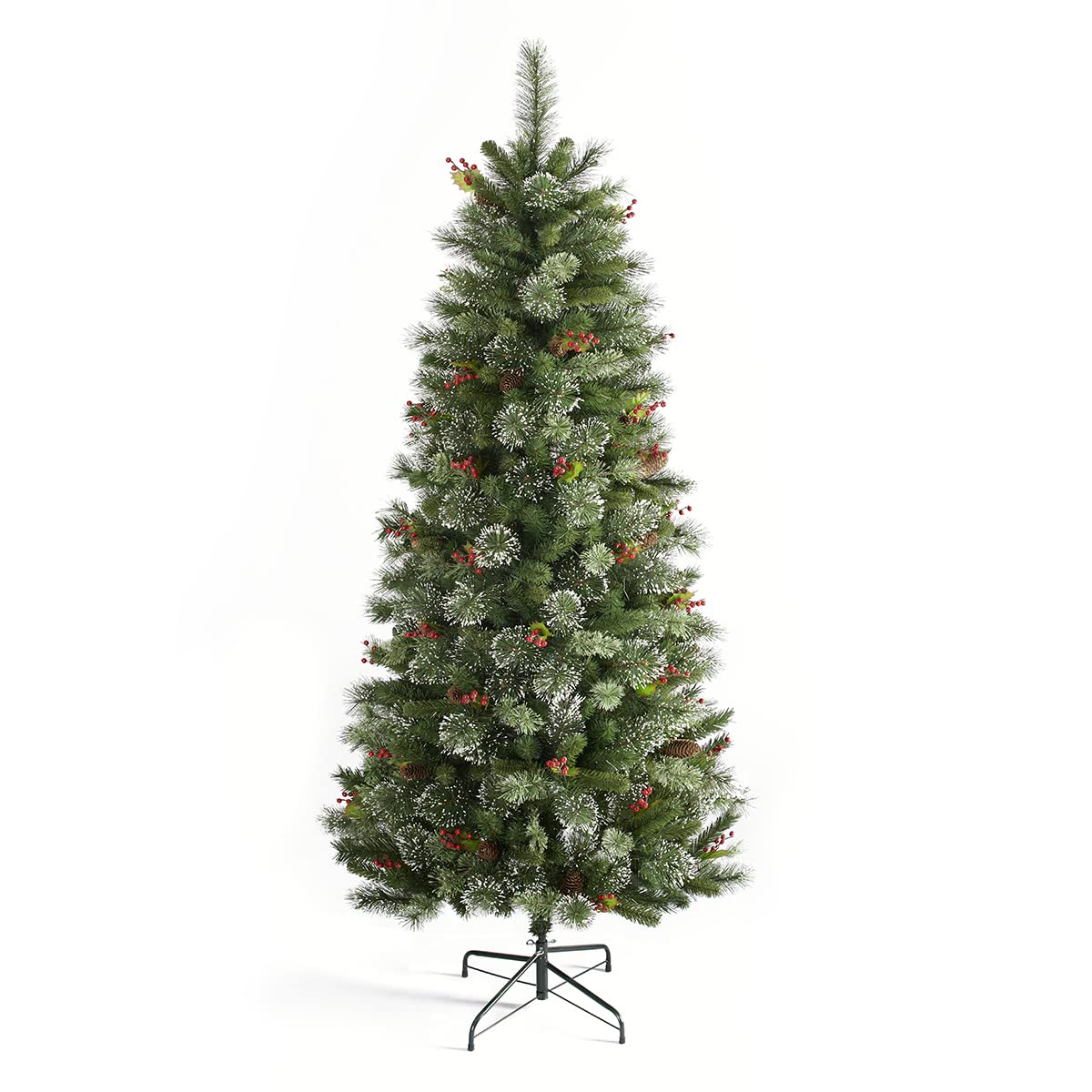 9ft Pre-Lit Flocked Christmas Tree with 500 LED Lights - HOMAKER Artificial Xmas Tree Decorated with Pine Cones, Red Berries & Snowflakes (Includes Metal Stand) - Perfect for Living Room, Office & Holiday Party Decorations