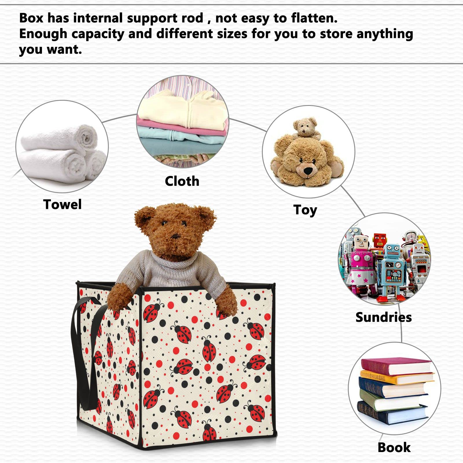 Red Ladybug Print Collapsible Fabric Storage Bins with Handles - 10.6x10.6x10.6 Inch Square Organizer for Toys, Nursery, Closet & Shelves | Cute Home Decor for Kids Room & Playroom Organization